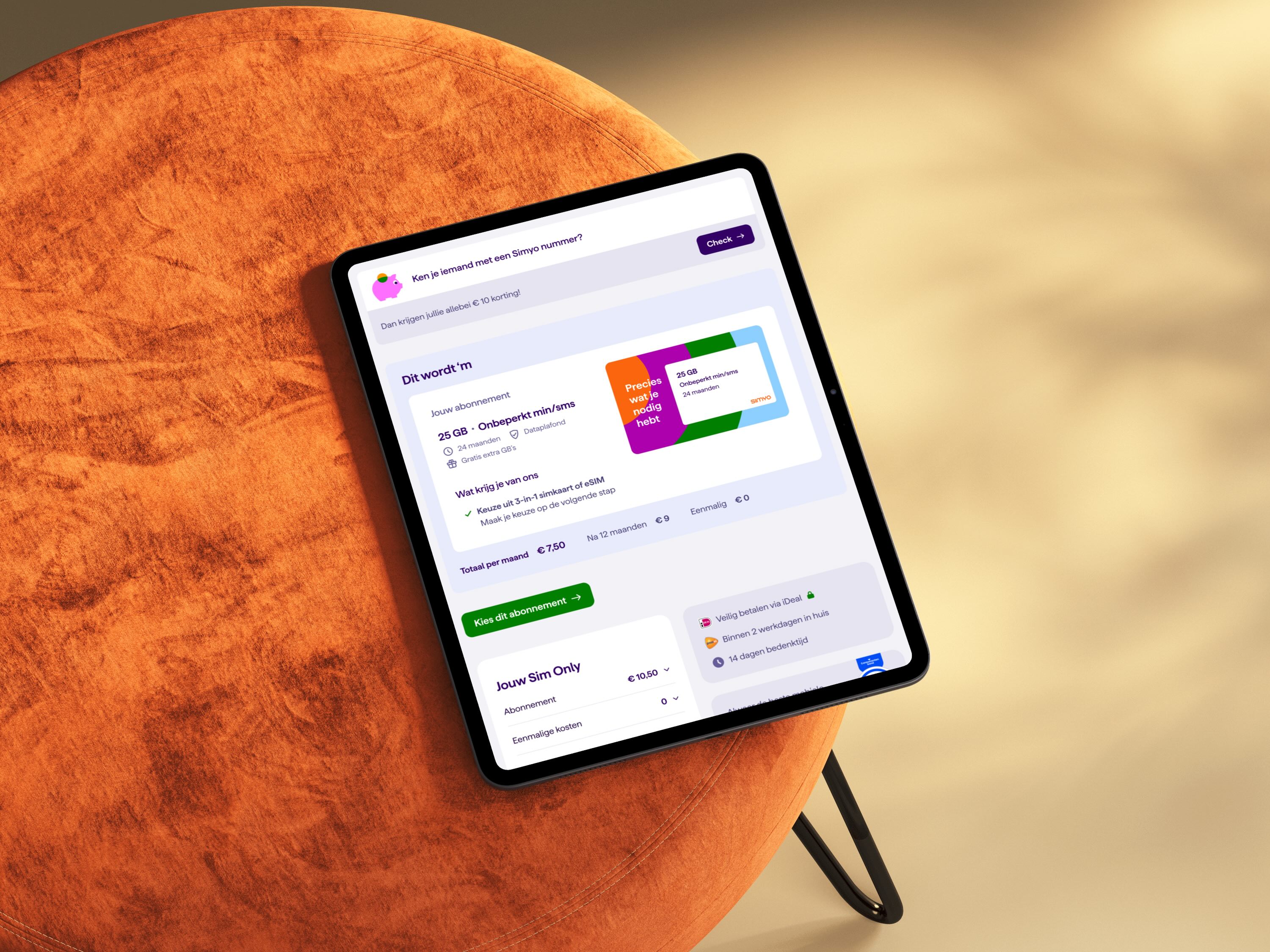 Simyo Checkout screen on a tablet mockup