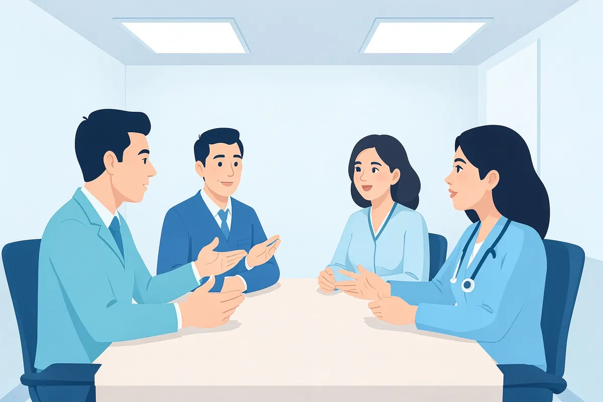 A diverse group of healthcare professionals in a meeting room brainstorming ideas around a table.