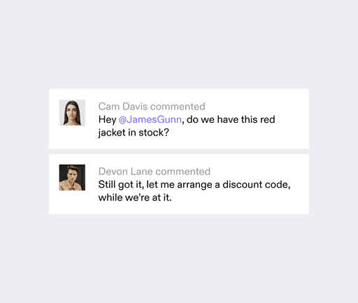Conversation history featuring messages and notes about product inventory and discount arrangements between team members, highlighting teamwork and collaboration in shared inboxes.