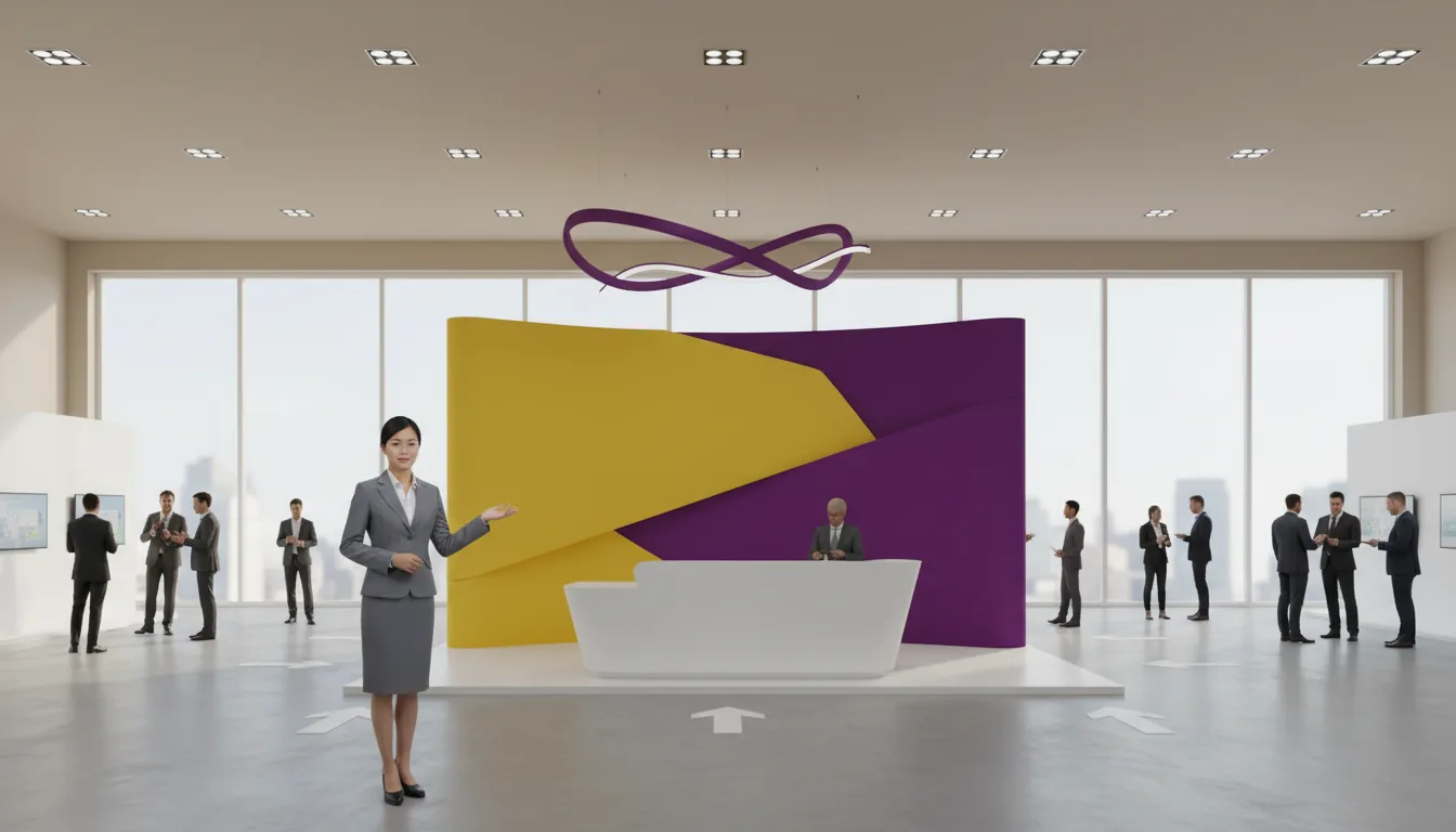 3D render of a modern virtual trade show exhibition hall, eye-level wide-angle perspective. The scene features a central kiosk with a white reception desk and a large back wall in vibrant yellow and deep purple. An abstract, curved purple light fixture hangs from the high beige ceiling with recessed spotlights. The floor is polished grey concrete with white directional arrow graphics. In the foreground, an Asian woman in a grey business suit acts as a virtual host, while other business people mill about in the background. Soft global illumination creates a clean, professional corporate aesthetic. Large windows reveal a bright, slightly blurred city view outside. Blender style, matte plastic materials.