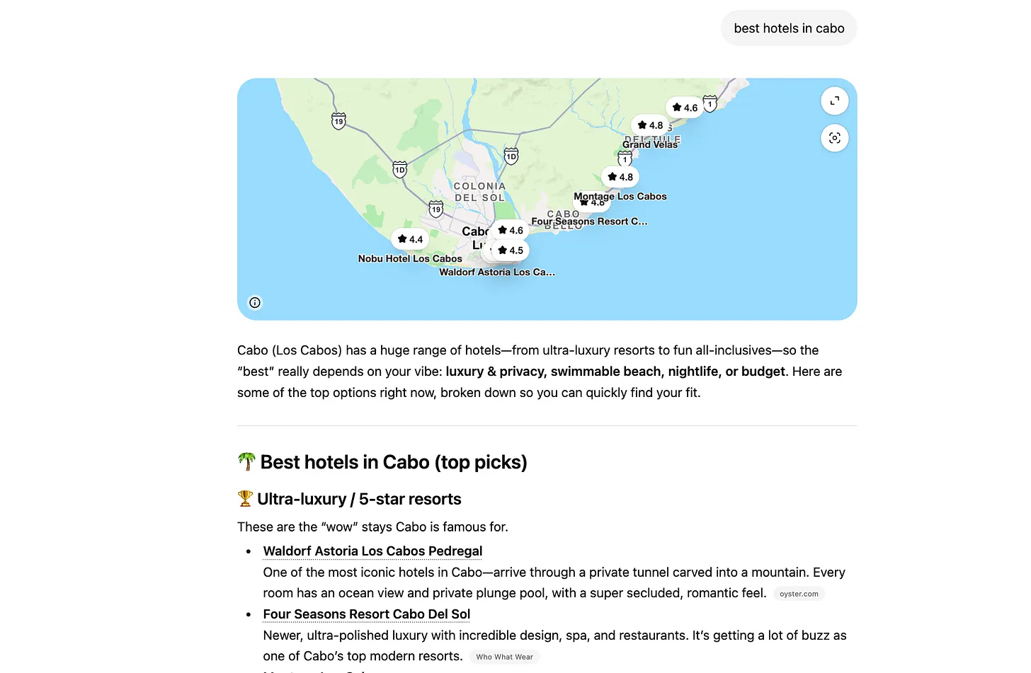 A screenshot of ChatGPT's "best hotels in Cabo" recommendations