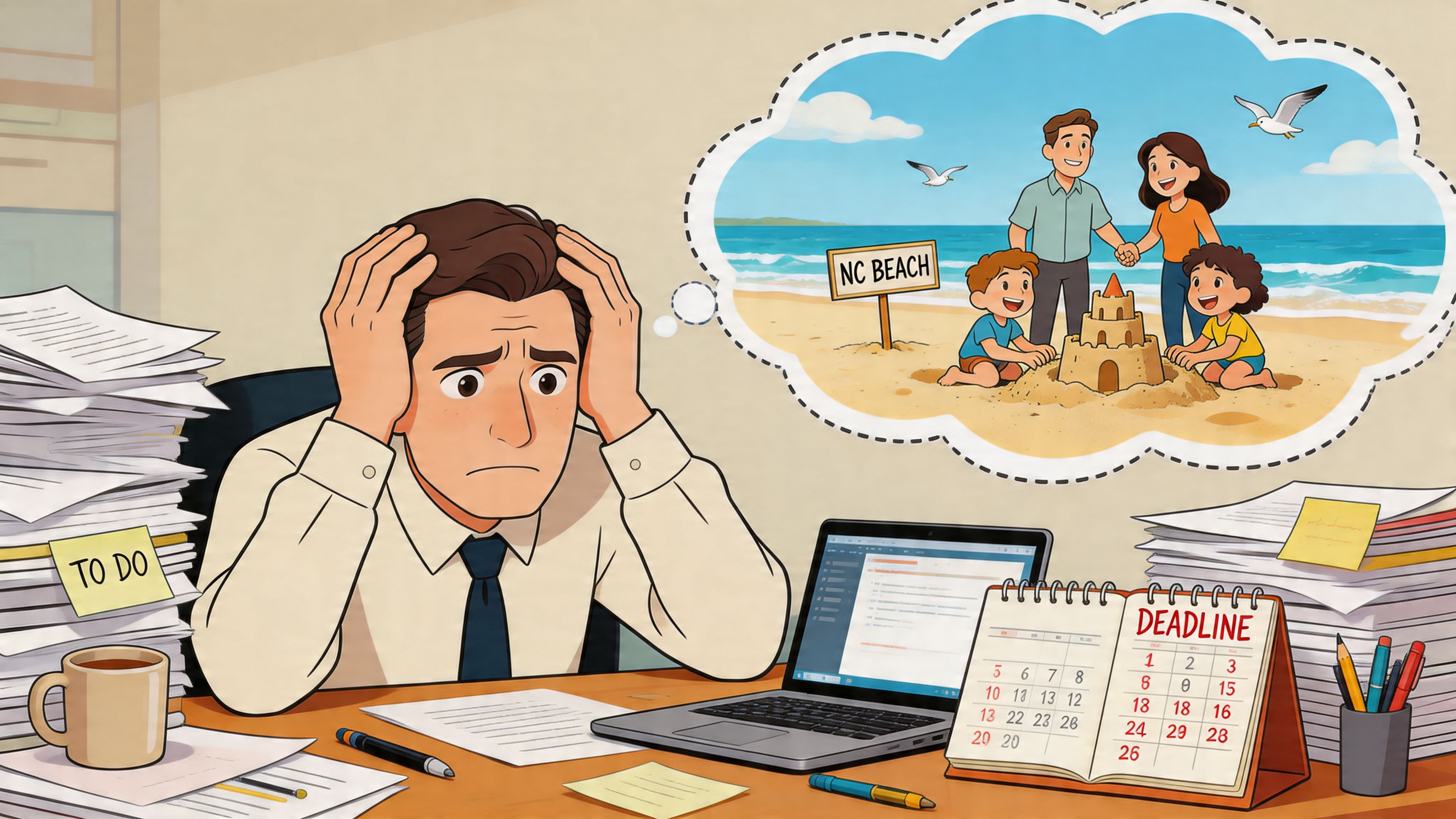 A stressed office worker sitting at a cluttered desk dreaming of a family vacation at the beach.