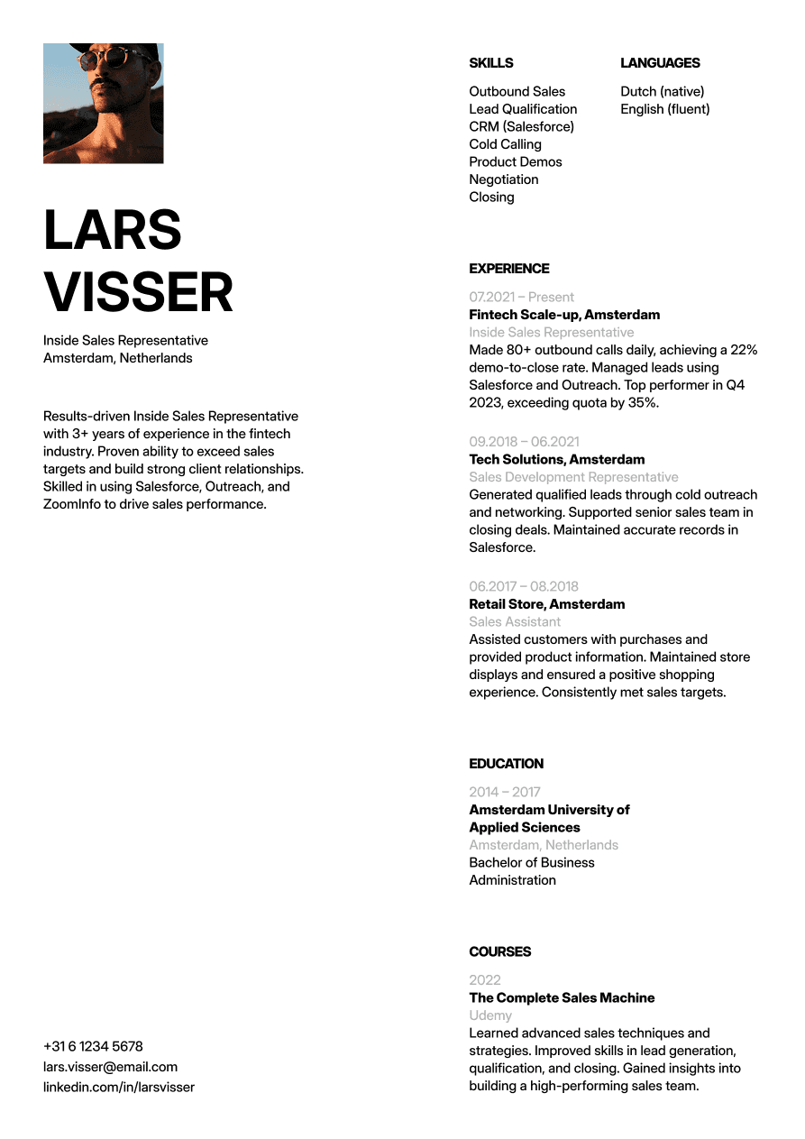 Inside sales representative resume example