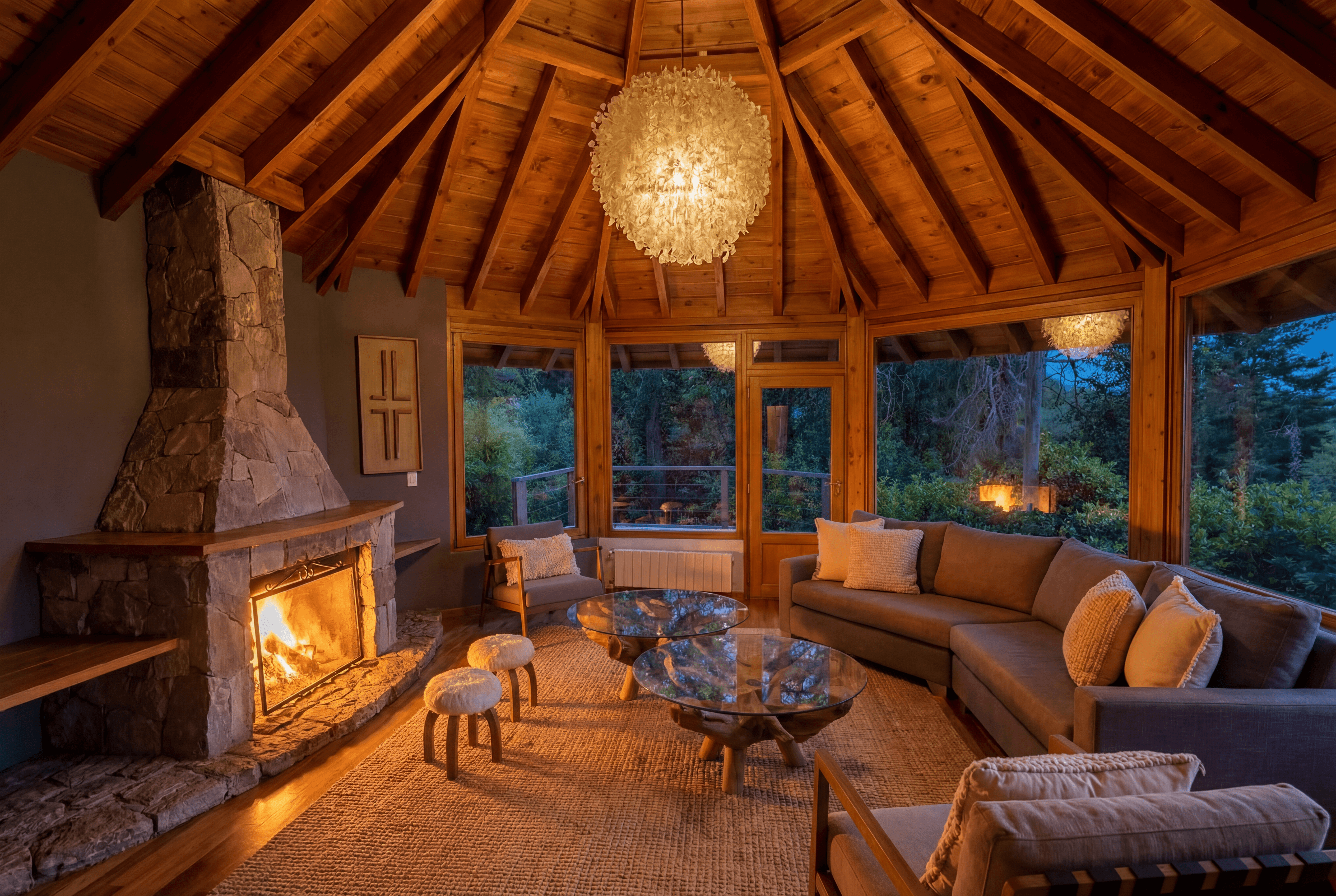 Modern balcony with mountain view and lounge chairs