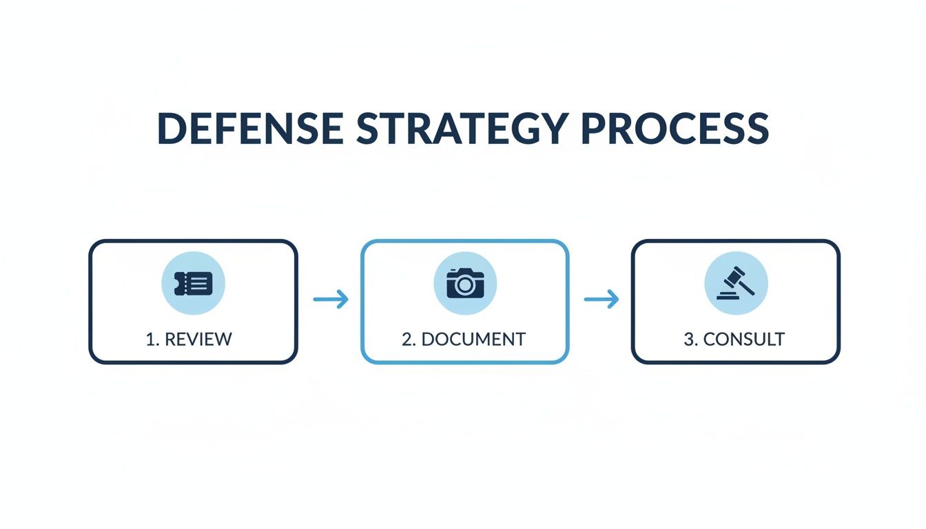 A defense strategy process diagram showing three steps: 1. Review, 2. Document, and 3. Consult, connected by arrows.