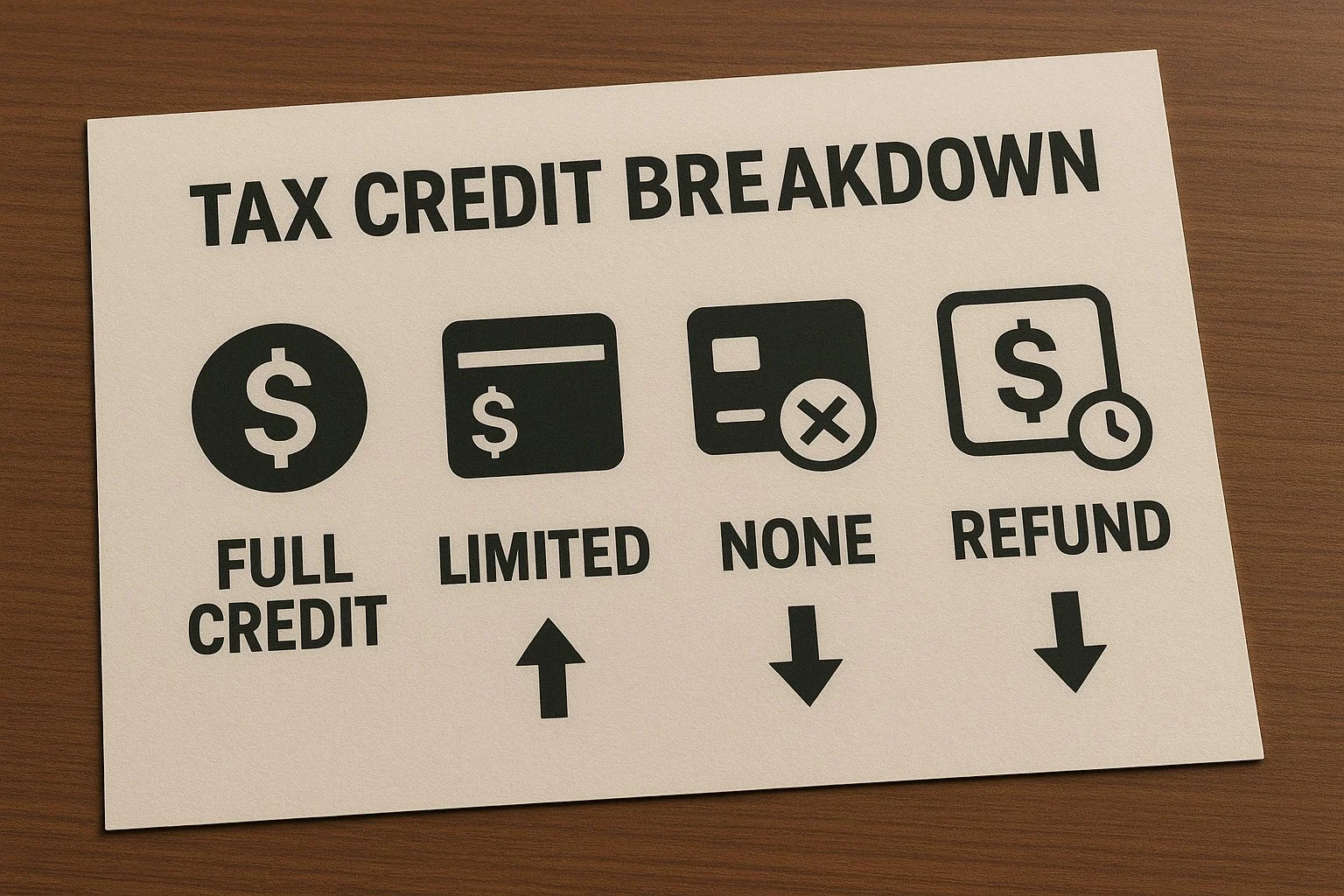 Visual breakdown of tax credits using icons for full credit, limited credit, no credit, and refund, with small arrows showing how each outcome affects owners.
