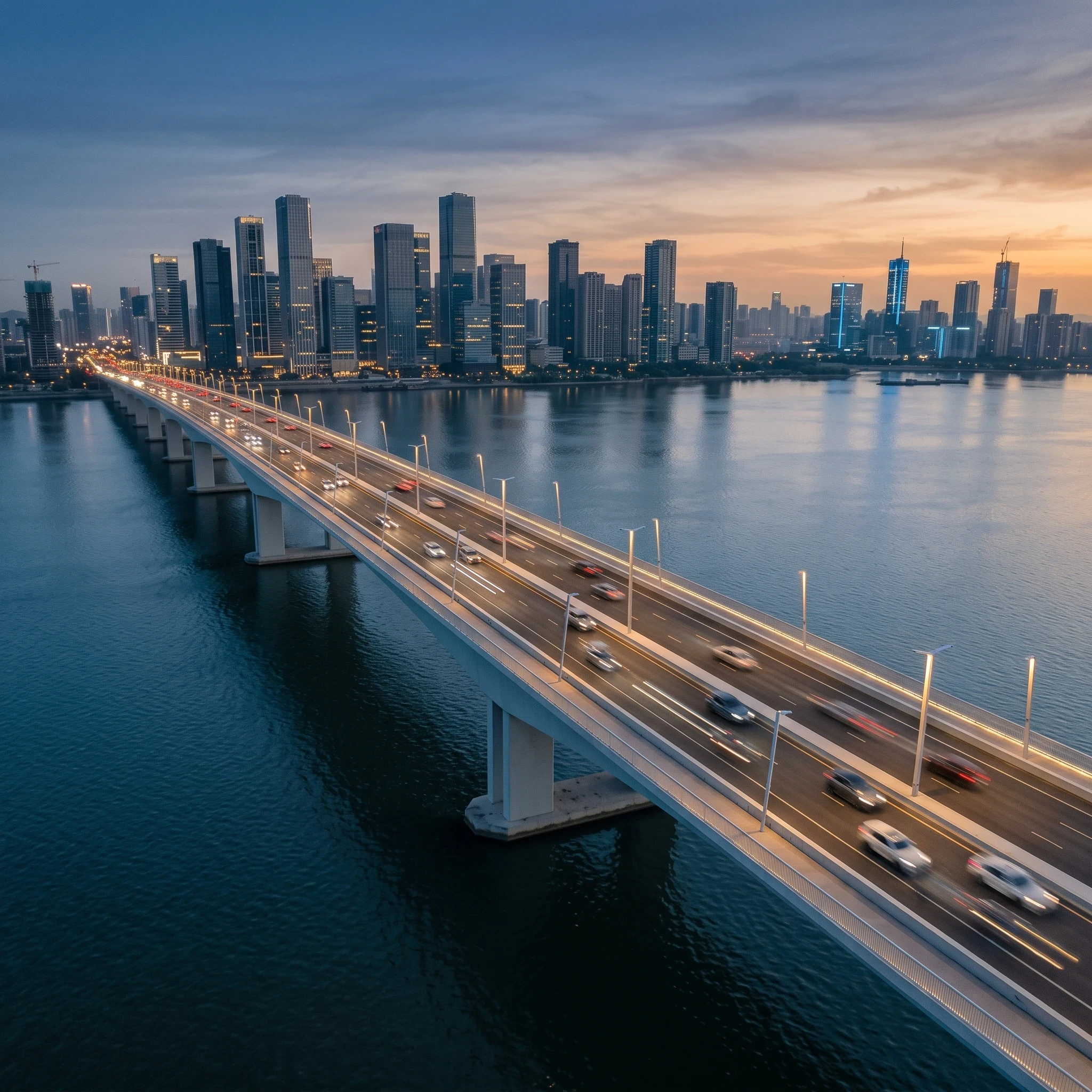 Aerial view of a highway bridge over a lake at dusk, city skyline in the background