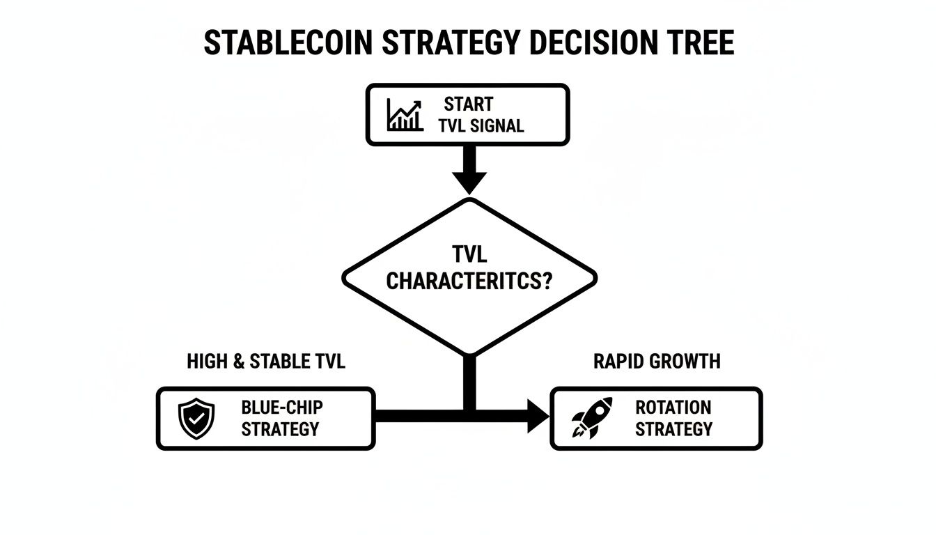 A decision tree outlining stablecoin investment strategies based on TVL characteristics.
