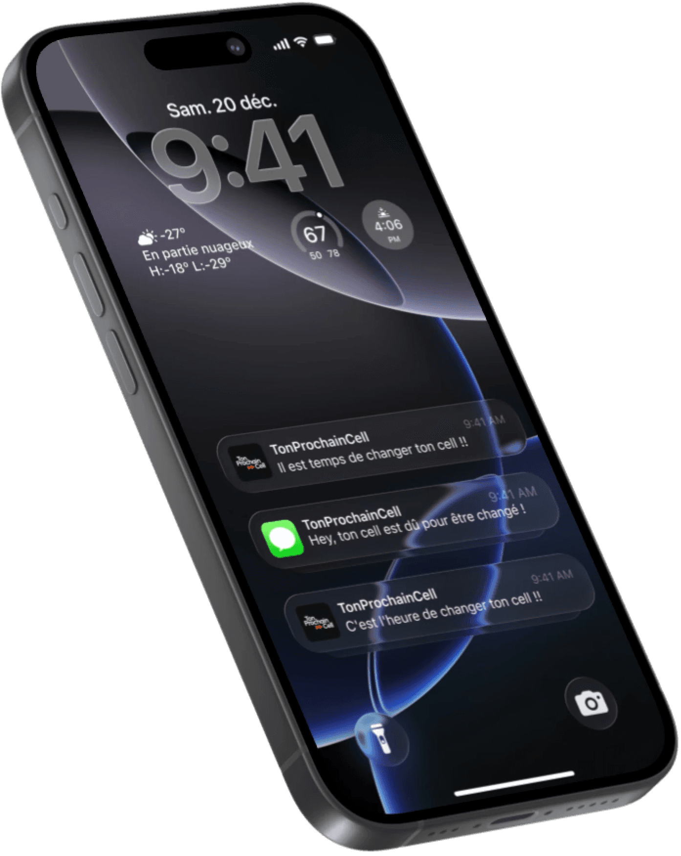 iPhone affichant TonProchainCell à l’écran avec notifications visibles