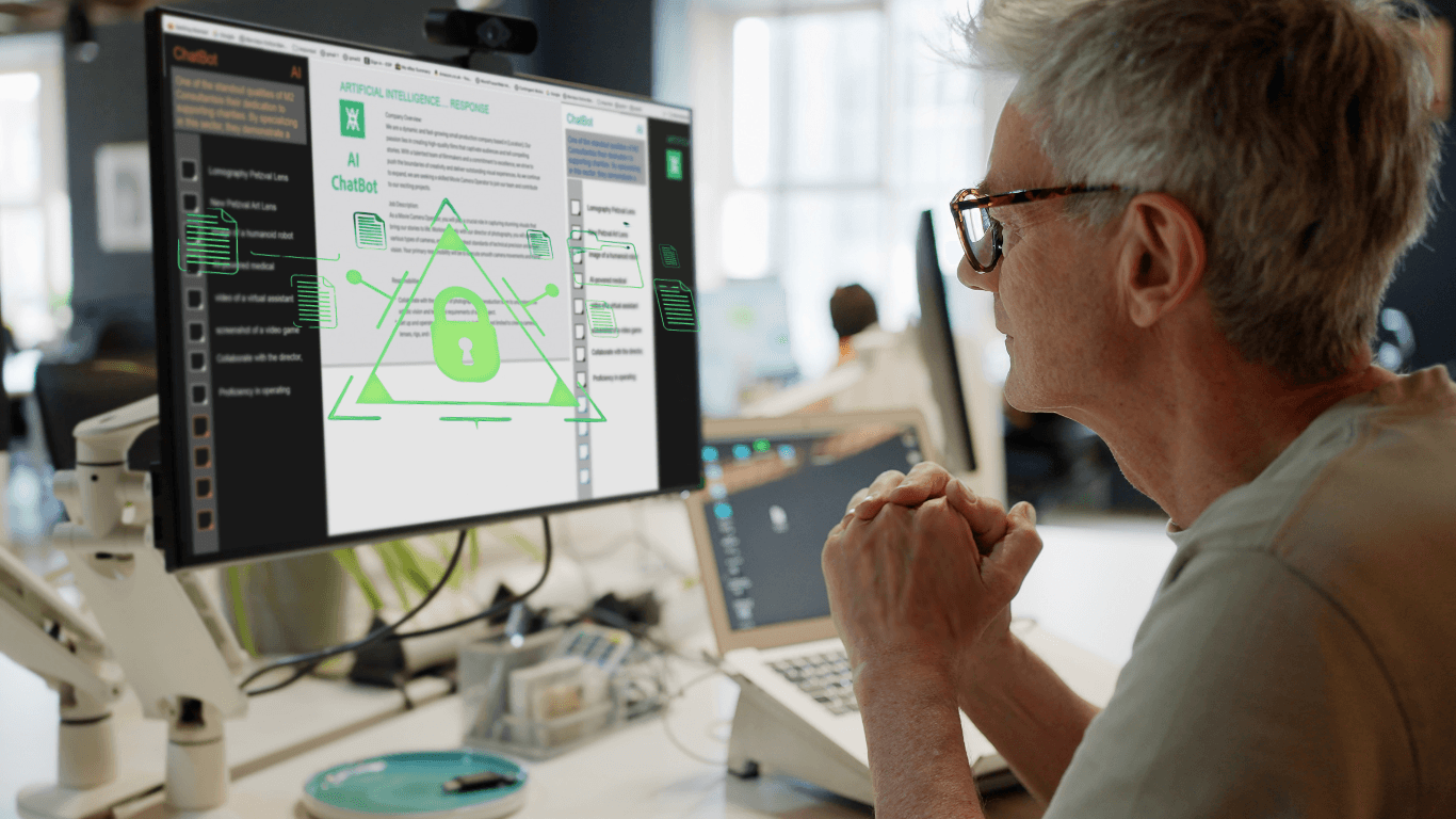 Business leader reviewing AI chatbot security framework on a computer screen, symbolizing GrowthUP Partners’ approach to mitigating AI risks through governance, policy design, and responsible data management.