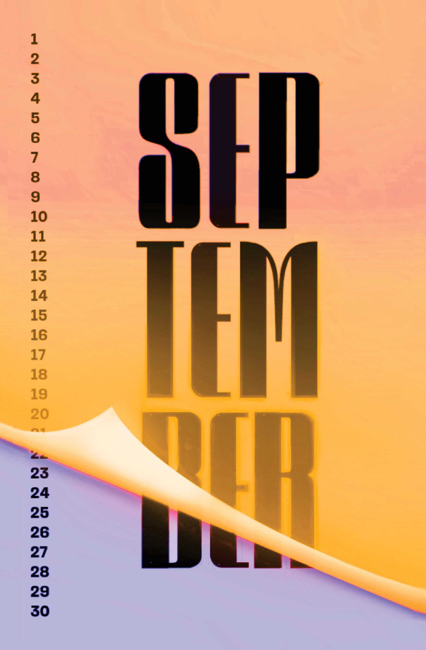 Illustration for September month in an orange background looking like a thin foil unveiling a violet background underneath and on the left side are listed the dates of the month