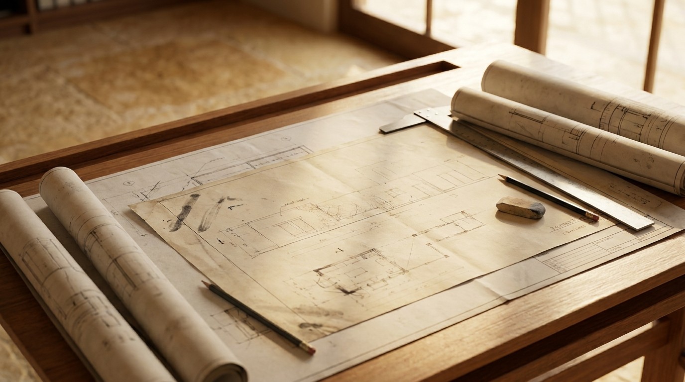 Architectural design drawings on a drafting table at FORMM's studio in Mérida, Yucatán