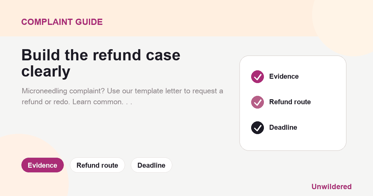 Explainer card for Microneedling Complaint Template Letter for Refund or Re-Treatment: Evidence, Refund route, Deadline.