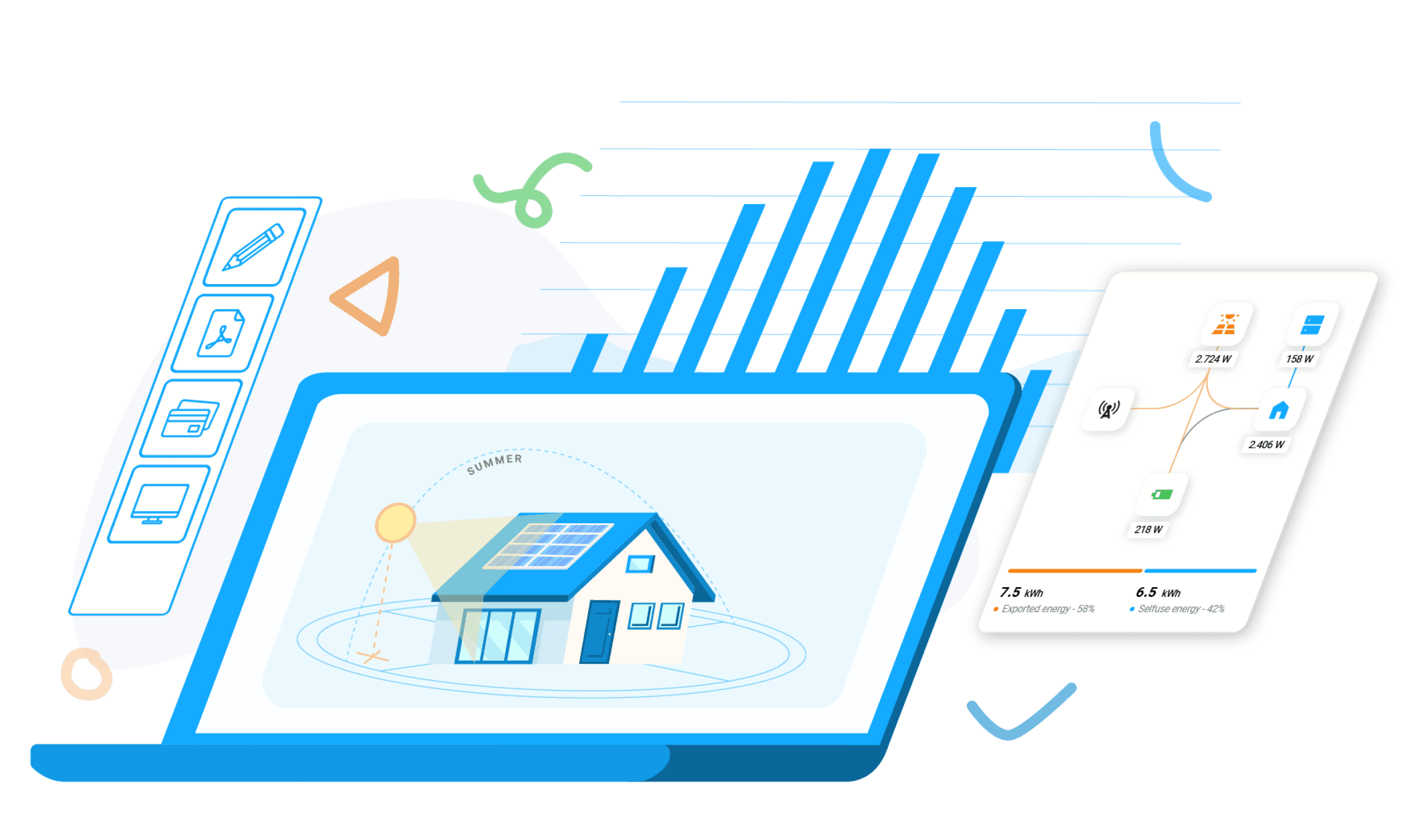 An image of a comupter screen showing a home with solar panels on it and solar related charts