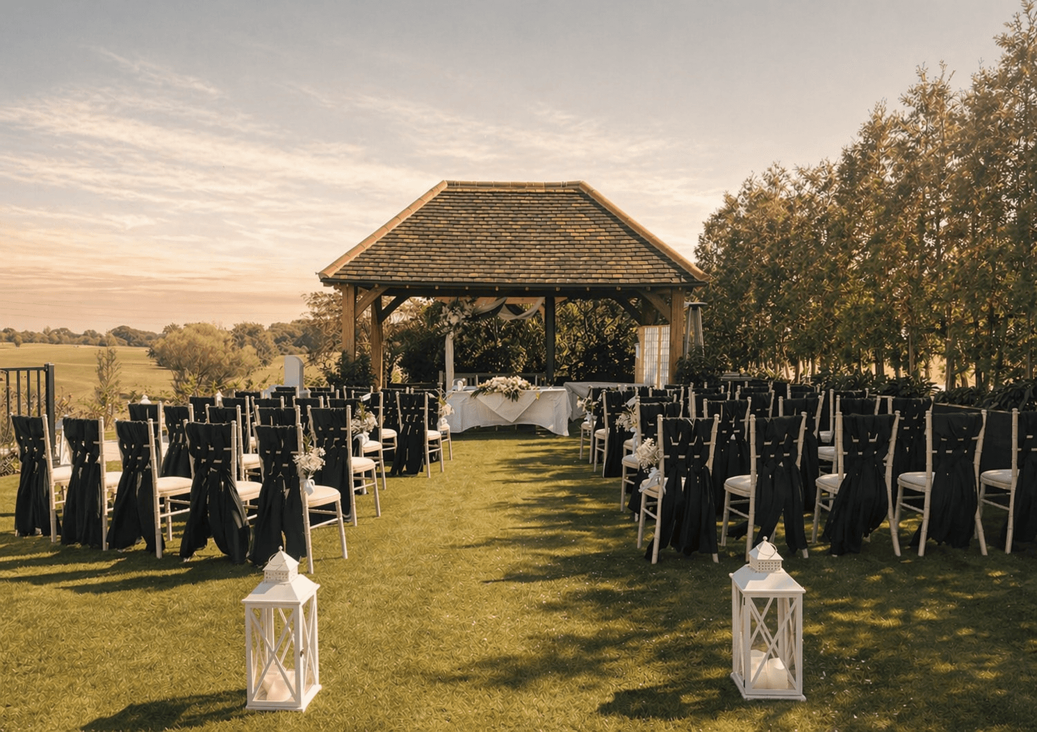 Wedding patagonia at sunset with a beautiful wedding setup