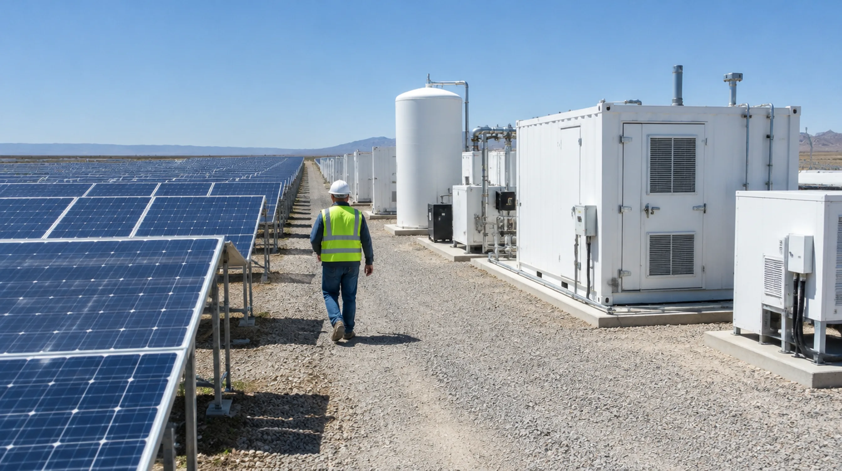 Utility-scale solar farm next to a hydrogen electrolyzer facility with a technician walking between the rows