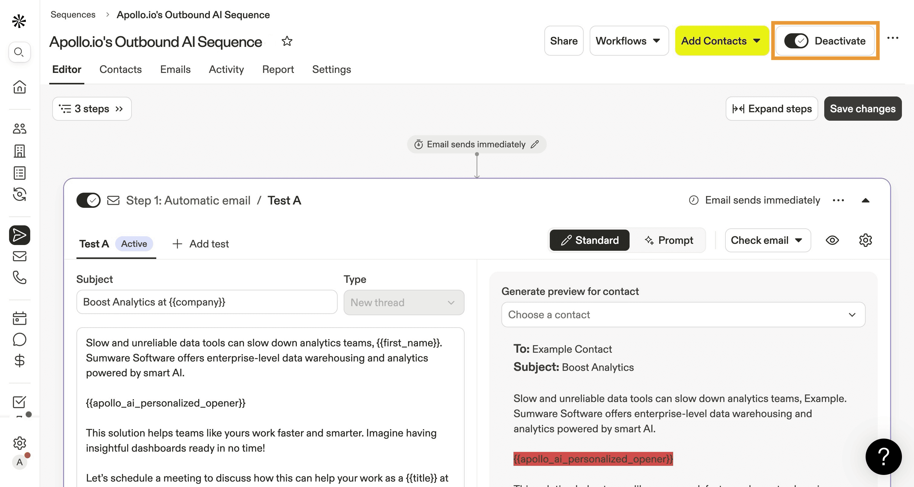 Apollo review sequence builder with multi-step cadence, conditional logic, and AI writing assistant integrated.