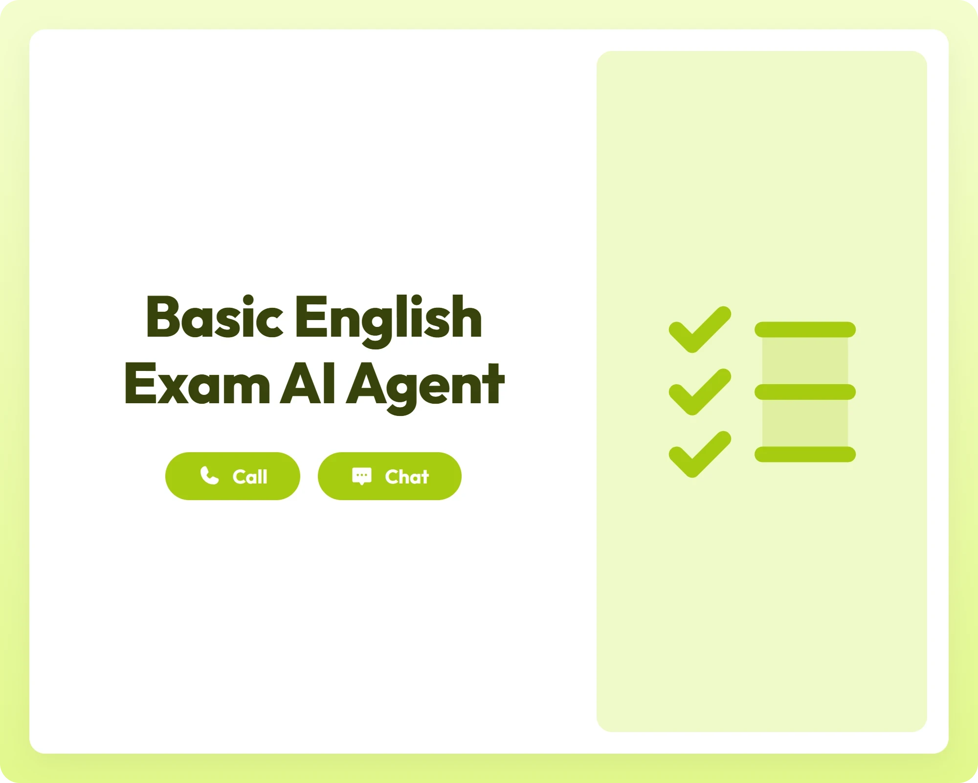 visual for basic english exam ai agent with call and chat support alongside a checklist icon panel