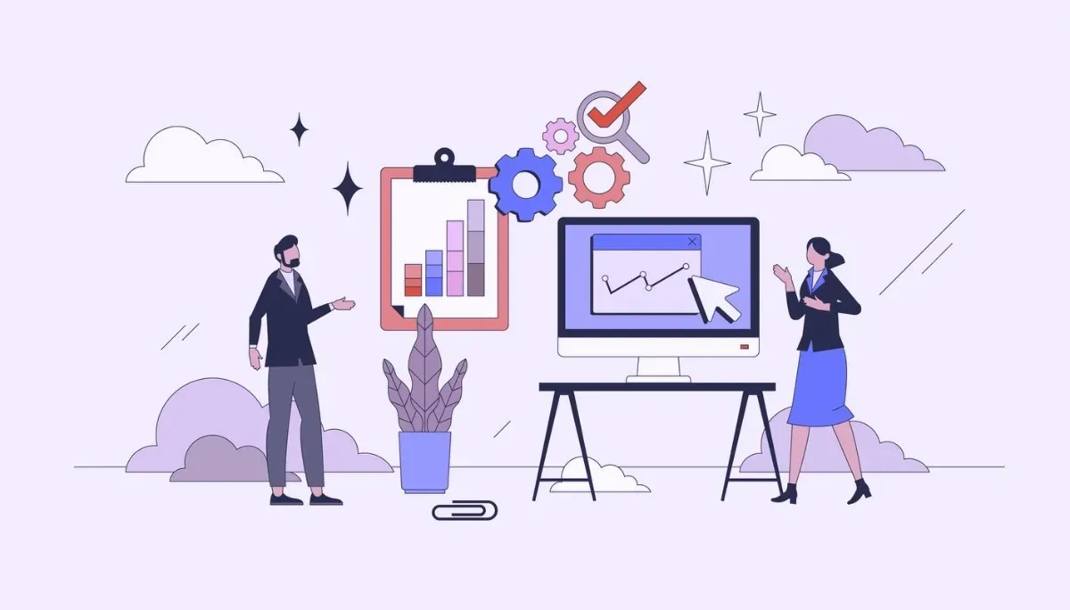 Illustration of two professionals standing beside a large computer monitor displaying a line graph, surrounded by icons of gears, a magnifying glass, and a clipboard with charts.