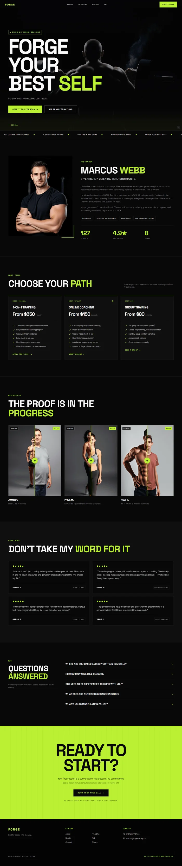 Full page personal trainer website – video hero, ticker, before after sliders, lime CTA banner