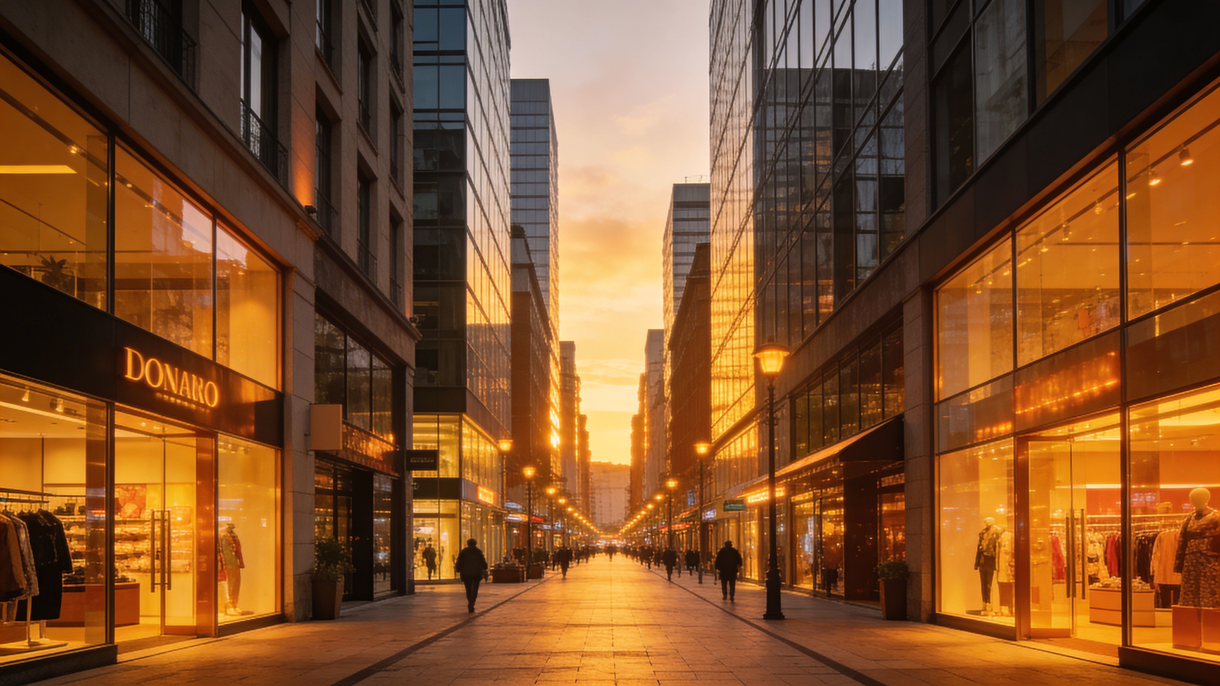 Luxury retail street with illuminated storefronts and warm lighting during sunset