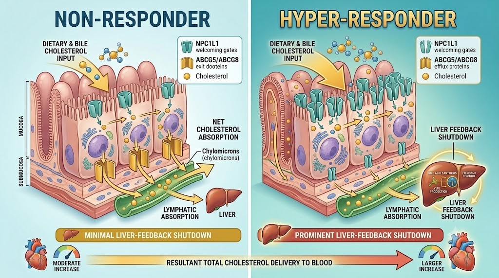 A scientific illustration comparing two intestinal cellular models for cholesterol absorption. The image is split into "Non-Responder" and "Hyper-Responder" panels, using a small intestine wall cross-section with enterocytes and villi. Teal "NPC1L1 welcoming gatekeepers" transport proteins are depicted on the intestinal lumen side, with larger, bold arrows in the "Hyper-Responder" side, and moderate, smaller arrows in the "Non-Responder" side, indicating greater cholesterol input for the hyper-responder. Gold "ABCG5/ABCG8 exit doors" proteins are shown on the basolateral membrane regulating efflux. The overall absorption into the blue-accented chylomicron pathway and bloodstream is much larger for the hyper-responder, indicated by thick, bold gold arrows, while the non-responder shows efficient removal and minimal net absorption through prominent, gold-accented ABCG5/ABCG8 proteins. Modern biomedical illustration with blue, teal, and gold accents, highly detailed, including cellular structures, mitochondria, and lymphatic vessels.