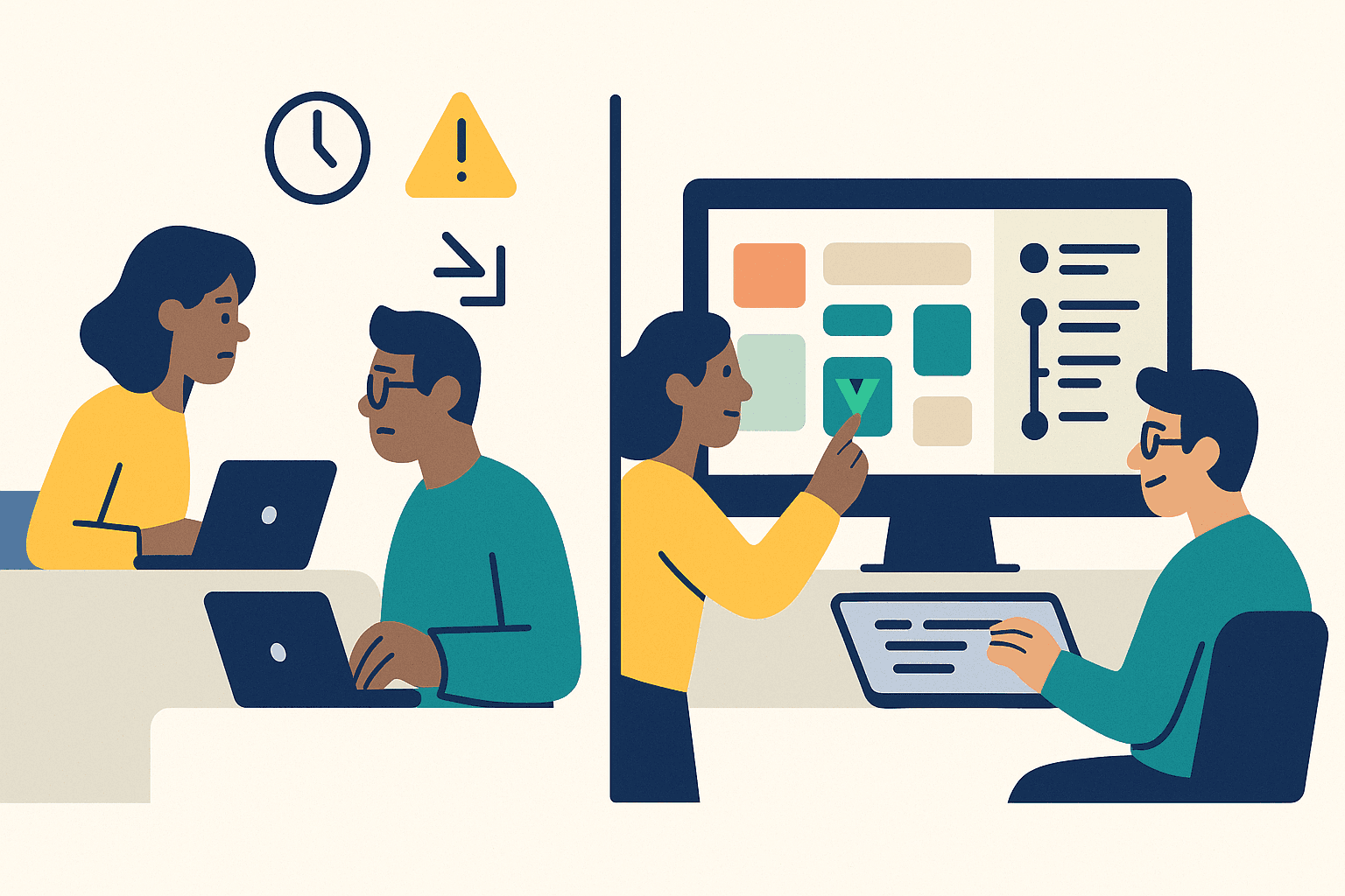 “Flat illustration showing designers and developers moving from a separated workflow with delays to a unified PreVue workspace for faster collaboration.”