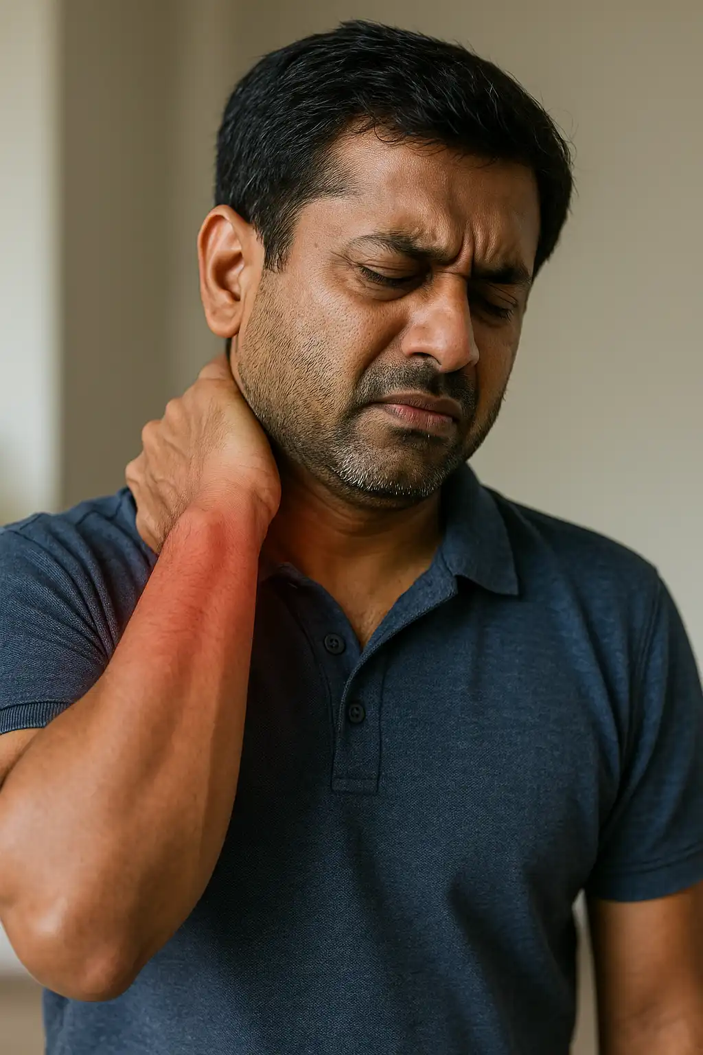 Neck and shoulder muscle tightness with a man holding his painful neck and upper arm, highlighted by redness indicating inflammation.