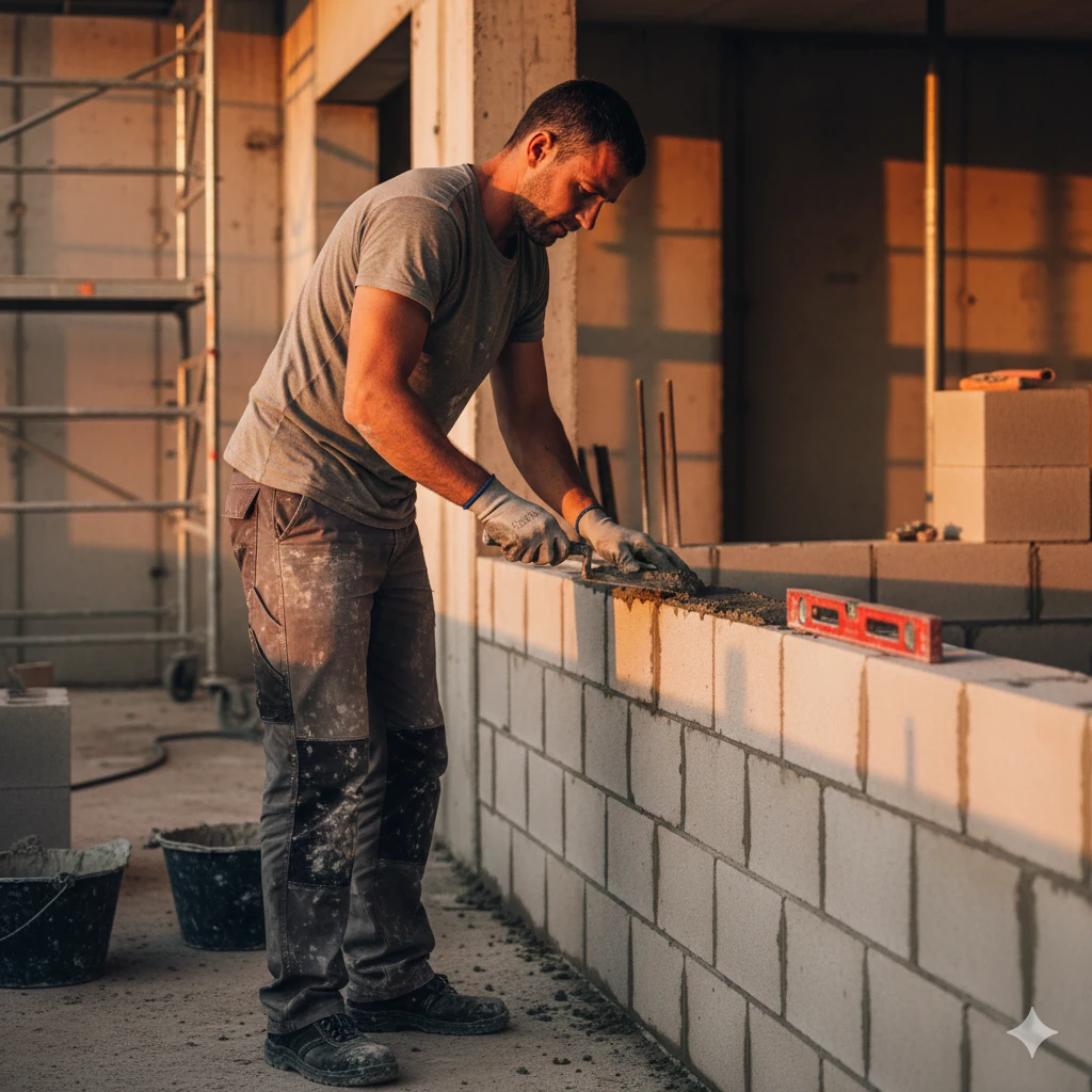 Maçon montant un mur en parpaings sur un chantier de construction neuve