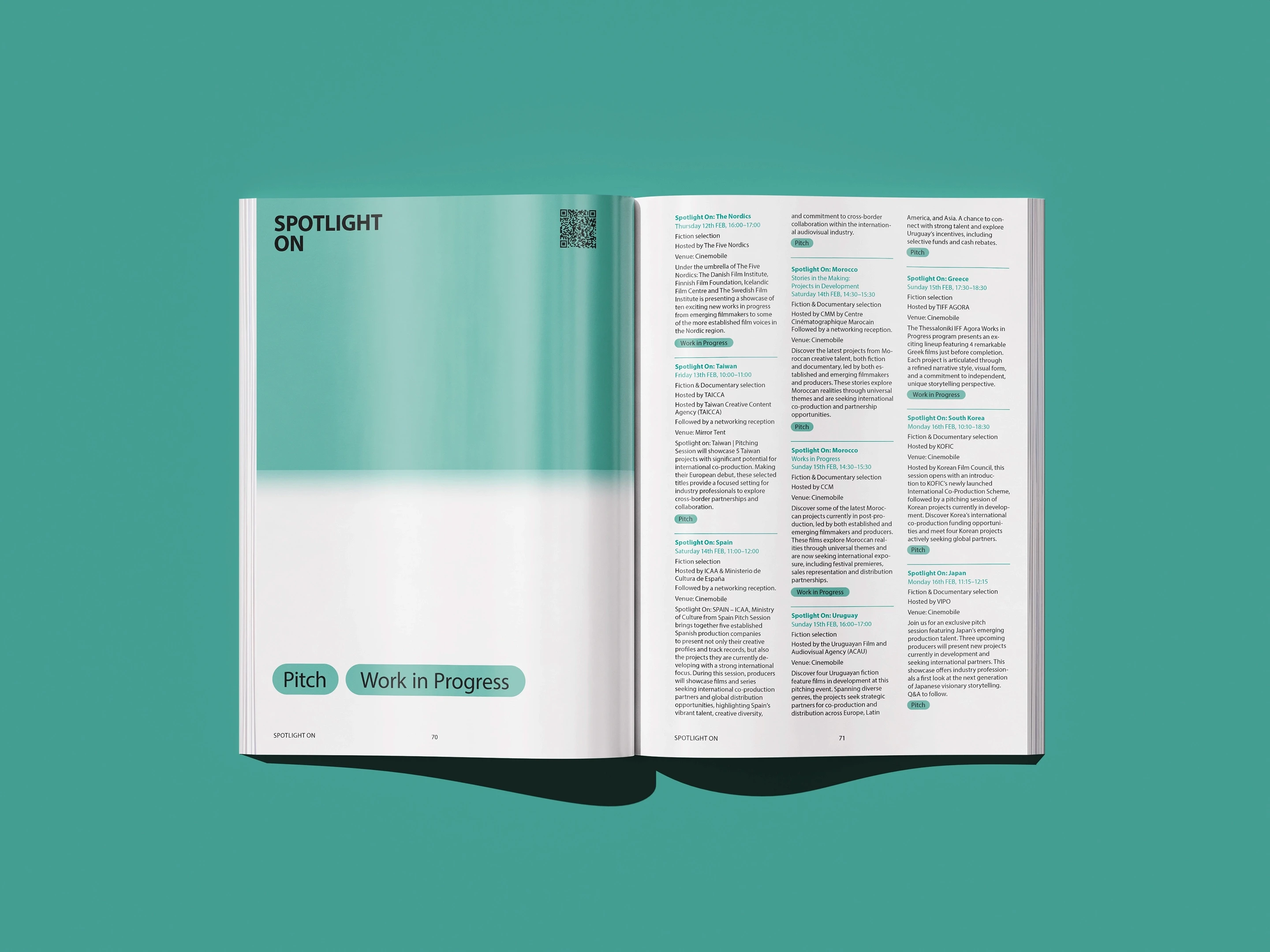 Berlinale EFM Guide 2026 Mockup: aufgeschlagene ‚Spotlight On'-Sektion mit Länderprogrammen wie Taiwan, Marokko, Südkorea und Japan