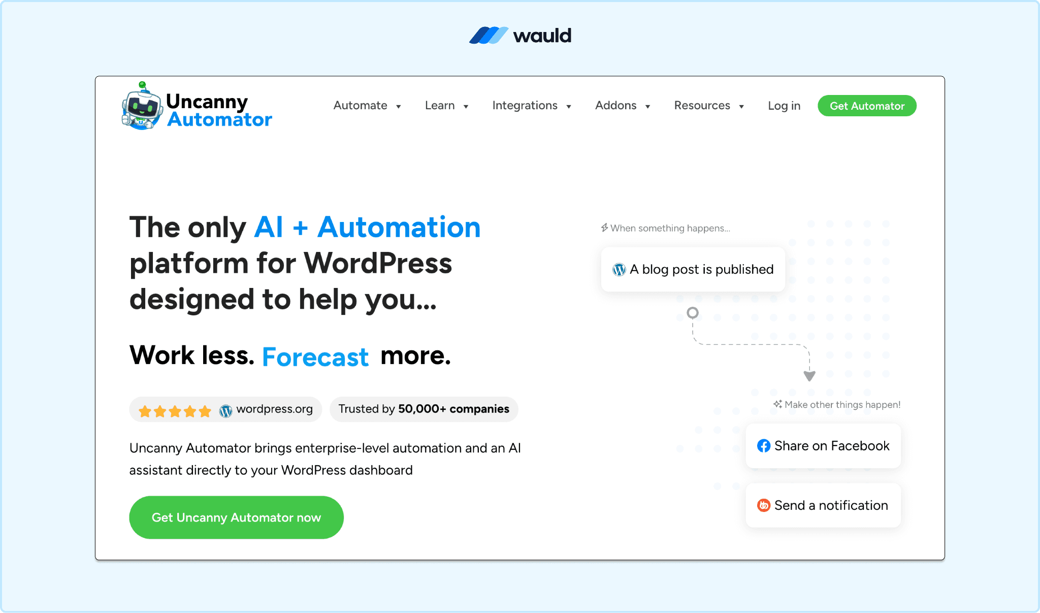 Screenshot of the Uncanny Automator dashboard in WordPress, illustrating a no-code automation workflow used to connect Tutor LMS with Wauld for automated credential issuance.