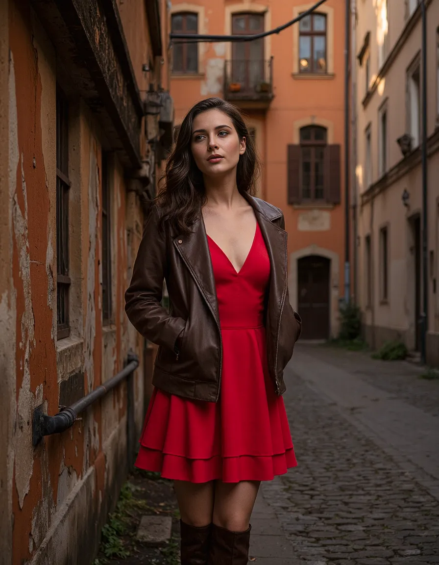 Fashion photograph featuring a vibrant red dress paired with brown leather jacket in a narrow European alleyway with terracotta buildings