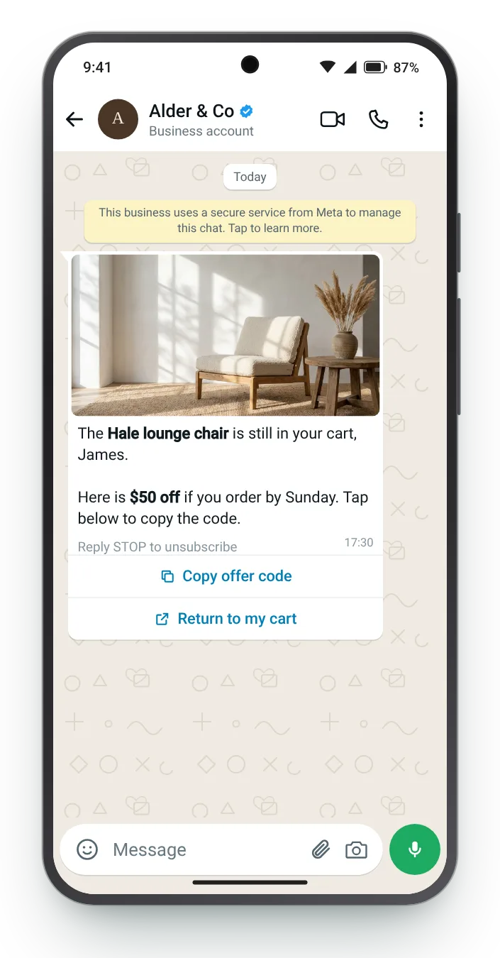 Closing reminder with a copy-code button: WhatsApp cart reminder on an Android phone