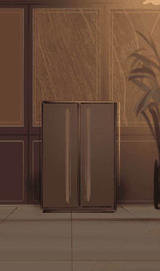 A simple line drawing of a closed, tall wooden cabinet with two vertical handles