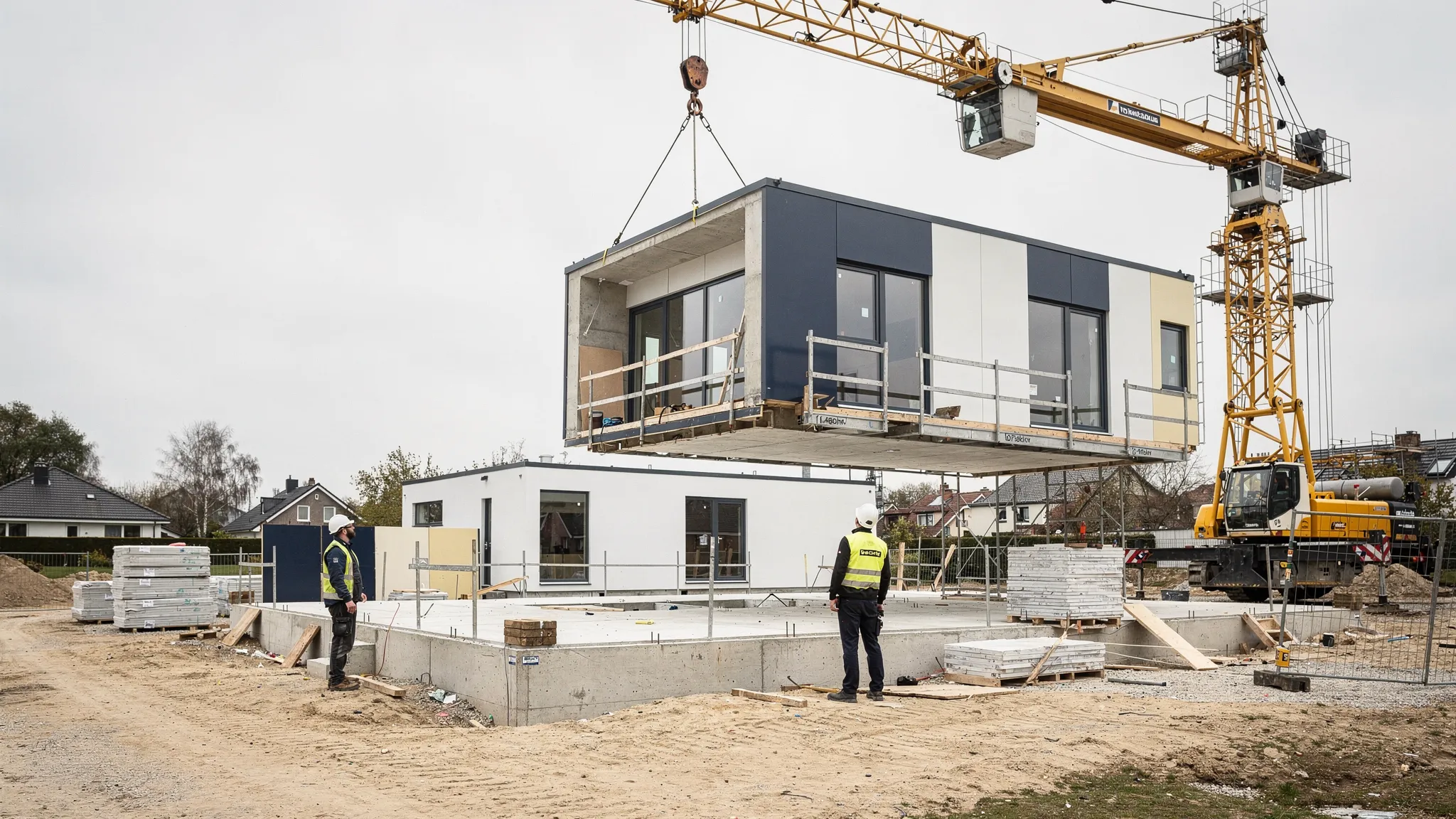 Een moderne modulaire nieuwbouwwoning op een rustige werf, met een hijskraan die een module plaatst, terwijl de fundering al klaar ligt en de omgeving netjes is.