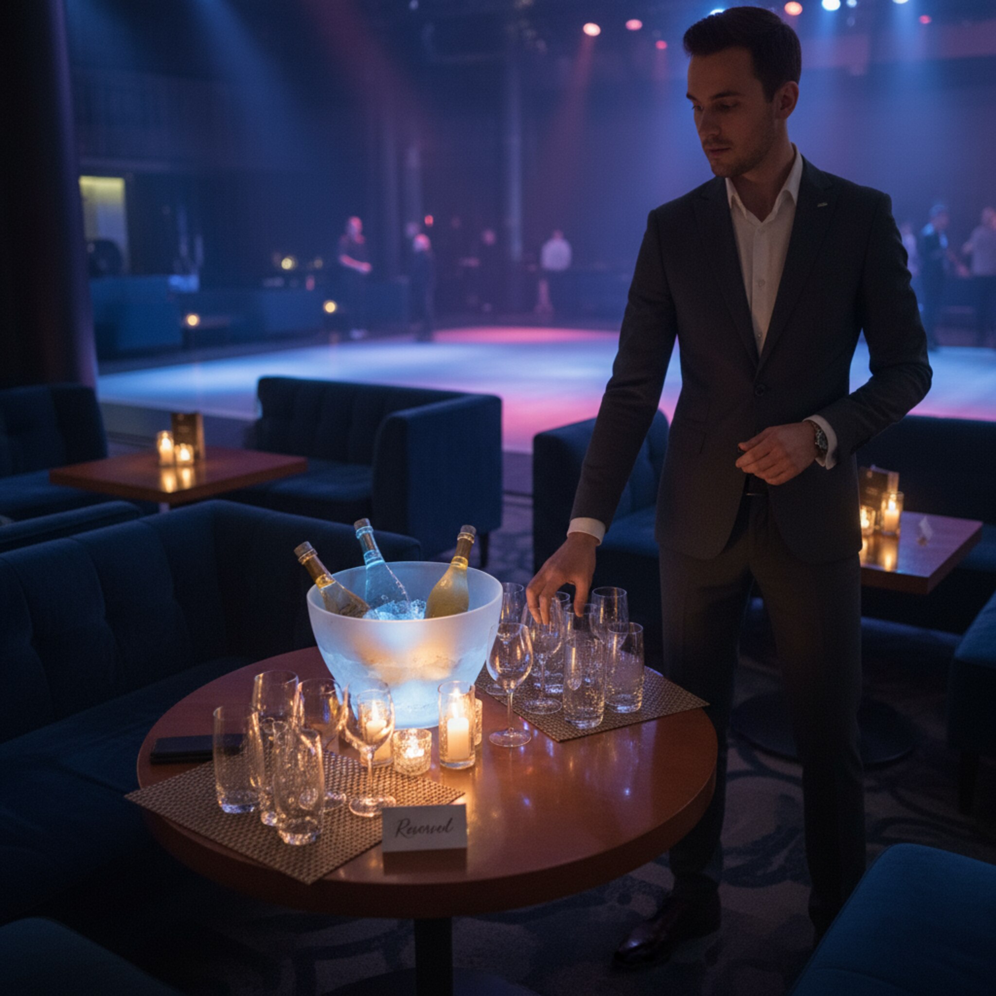 Ein gedimmter Clubraum mit leuchtenden Flaschen im Eiskübel auf einem reservierten Tisch. Samtsofas und niedrige Tische wirken einladend, Kerzen reflektieren im Glas. Ein Host richtet elegant Gläser aus, während farbiges Licht sanft über die Tanzfläche wandert. Die Szene fühlt sich exklusiv und ruhig vor dem großen Ansturm an.