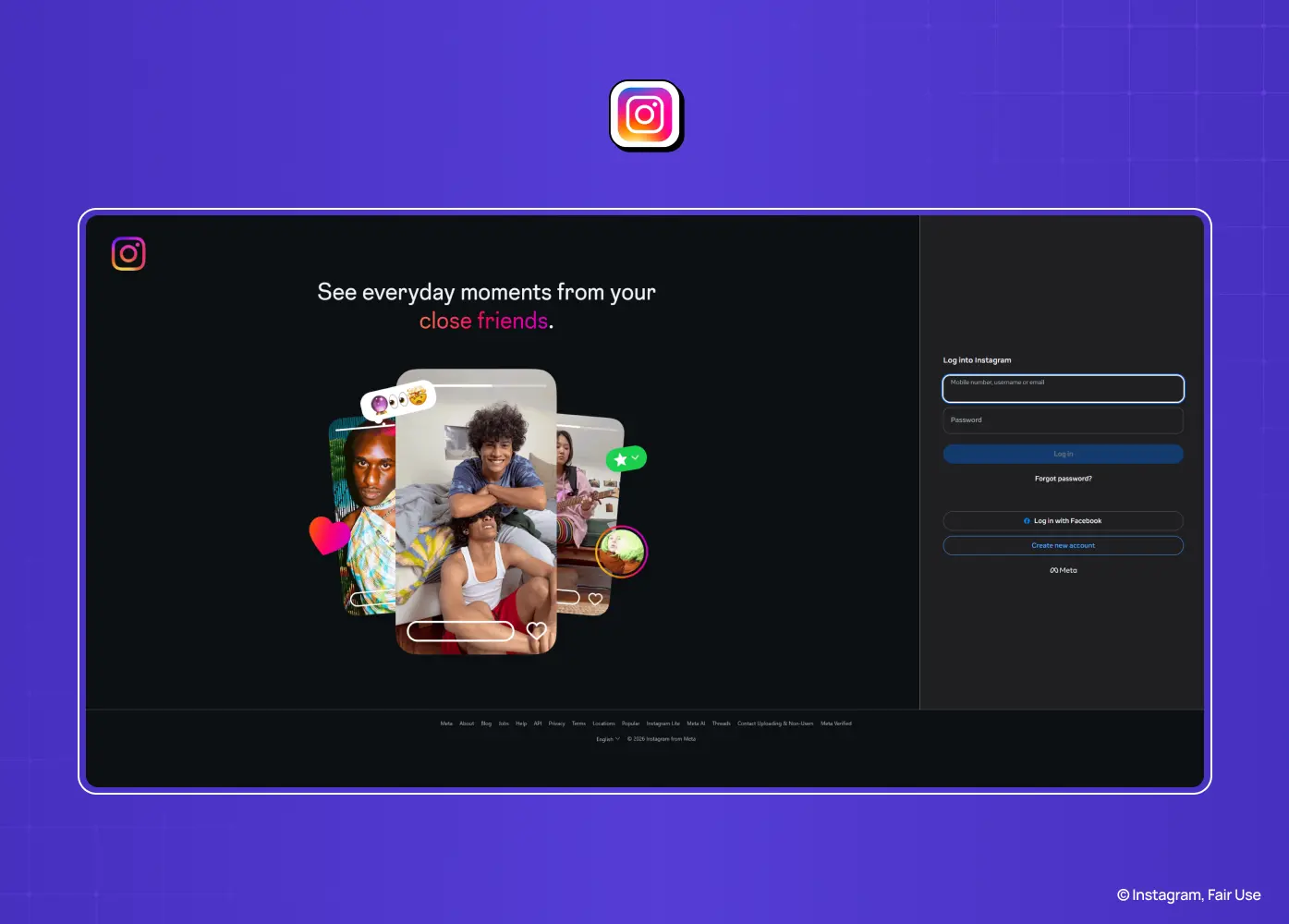 Instagram login page featuring a split-screen layout with a visual preview of the app, email and password fields, and options for Facebook login, password recovery, and account creation.