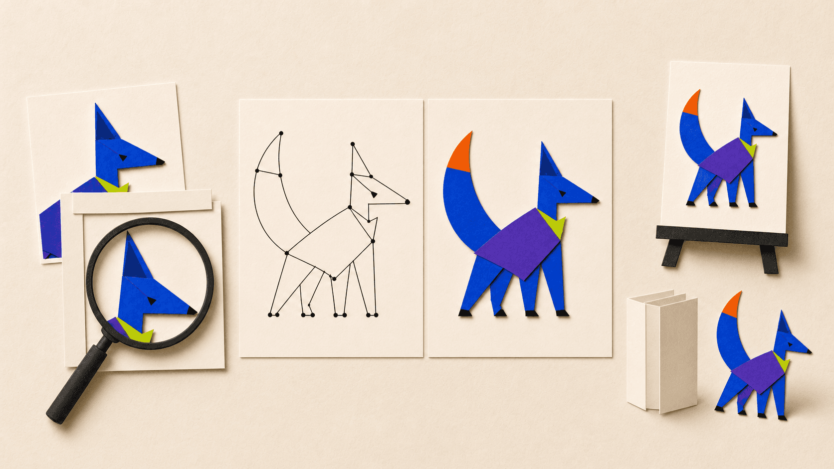 Geometric fox shown across zoom, outline, preview, presentation, hidden-artboard, and collapsed-panel workspace states.