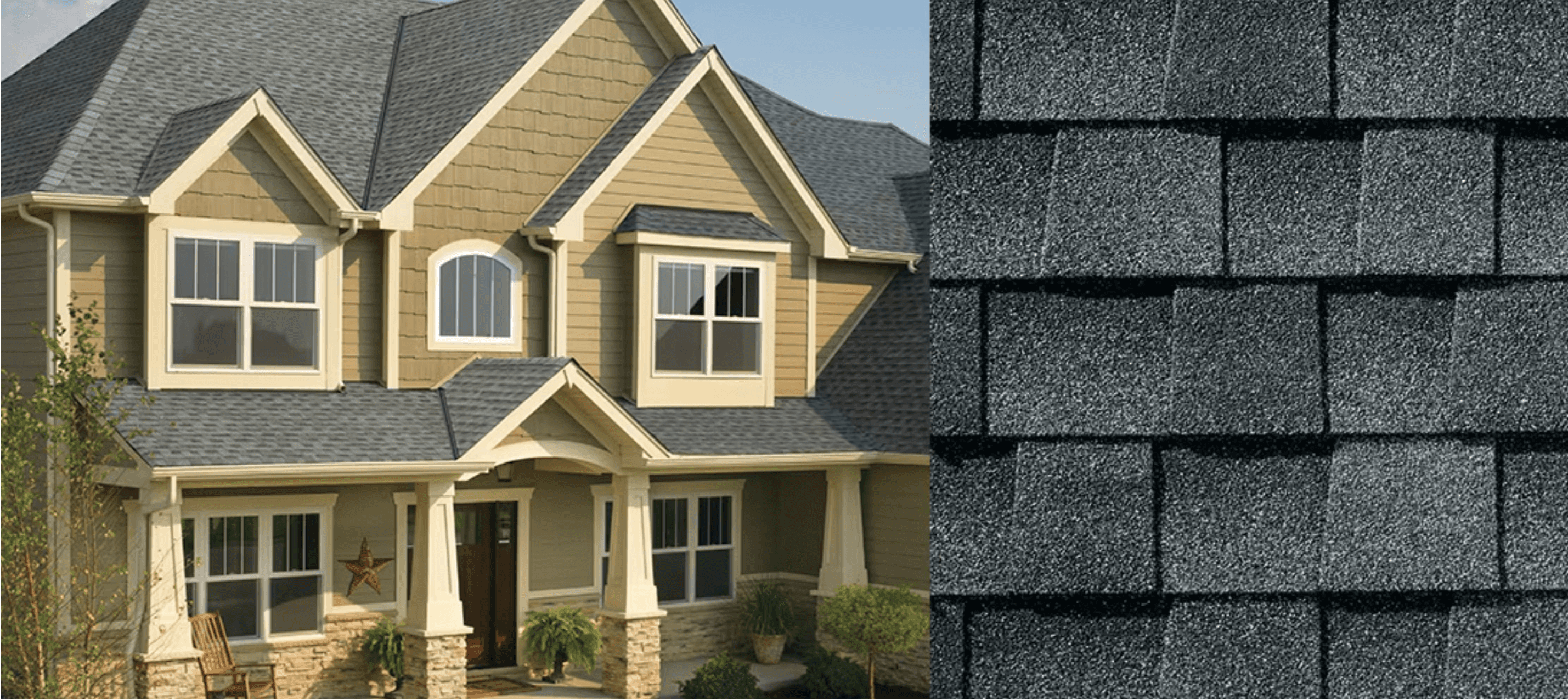 Combined beauty shot and swatch for GAF Timberline HDZ Pewter Gray shingles.