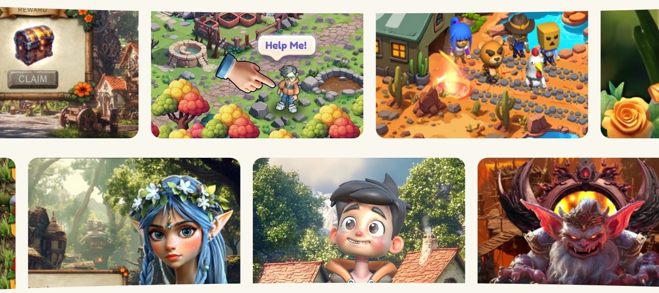 Collage of scenes from a brain-controlled fantasy game featuring colorful characters, magical creatures, village environments, quests, rewards, and story-driven adventures. The image includes a child asking for help, a group of transformed characters gathered around a campfire, a fairy-like character in a forest, a smiling young hero, a demonic boss character, and a blooming rose. The artwork represents interactive EEG-powered gameplay, storytelling, and cognitive engagement in the Emotiv Play gaming experience.