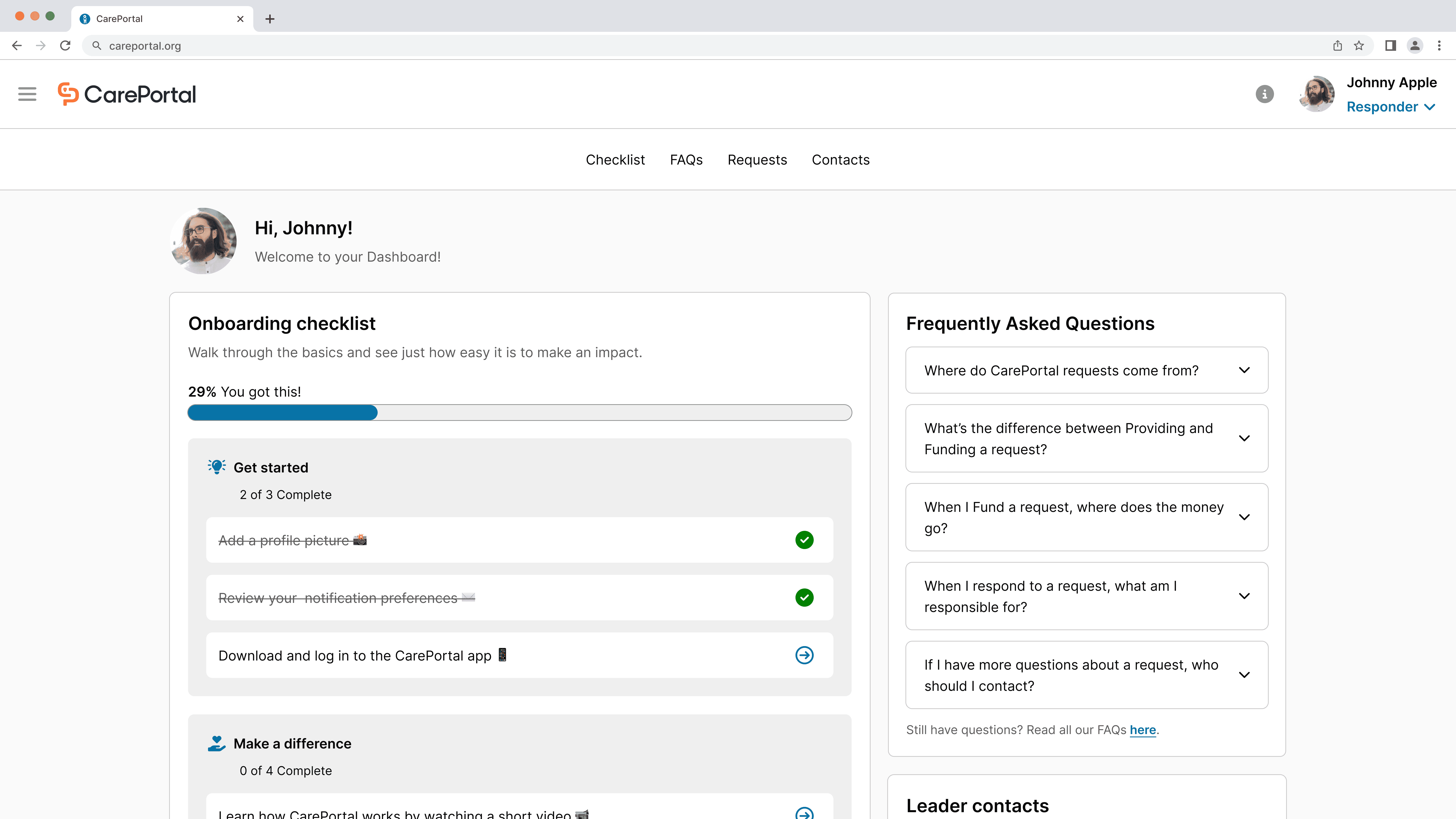 CarePortal dashboard showing onboarding checklist with 29% completion and FAQ section