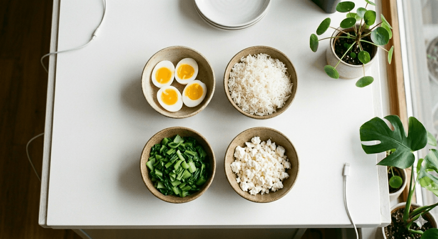 Simple meal components laid out for easy assembly — practical eating strategy for ADHD brains
