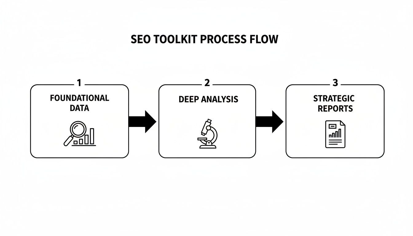 A three-step SEO toolkit process flow showing foundational data collection, deep analysis, and strategic reports.