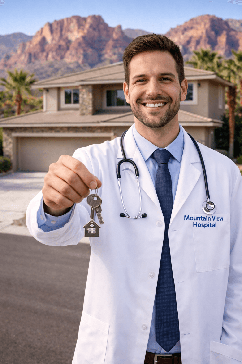 A smiling male doctor wearing a white coat and stethoscope holds house keys in front of a modern two-story home with a desert mountain backdrop.