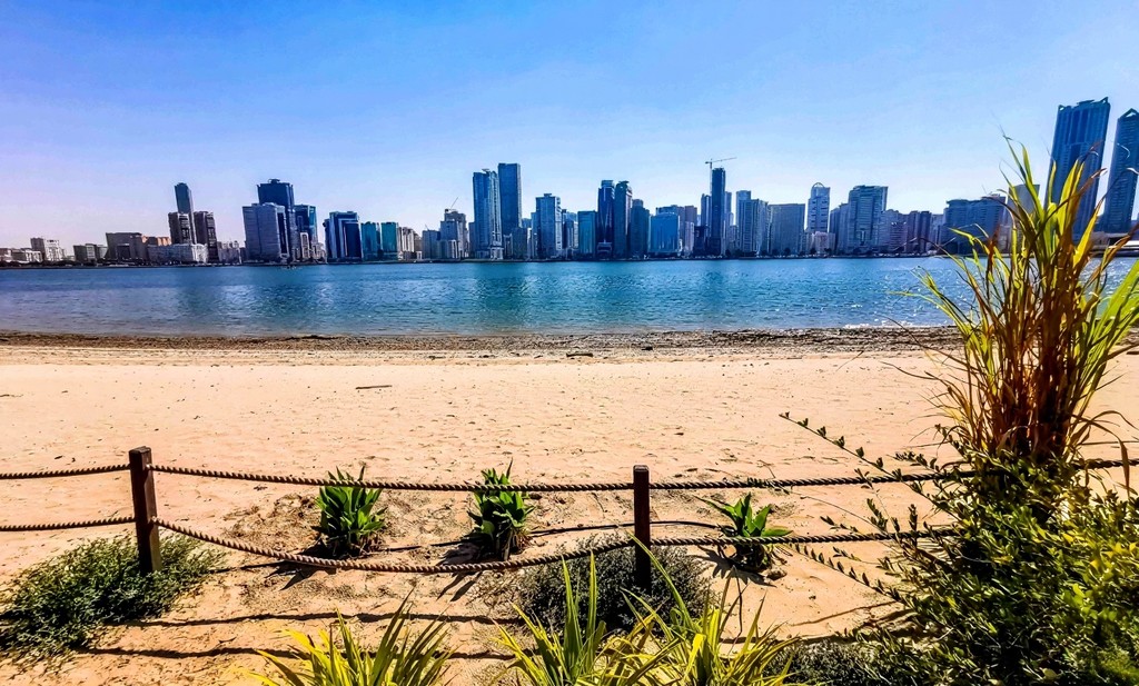 A beach scene with a city skyline in the background, showcasing Al Taawun's urban landscape against the ocean.
