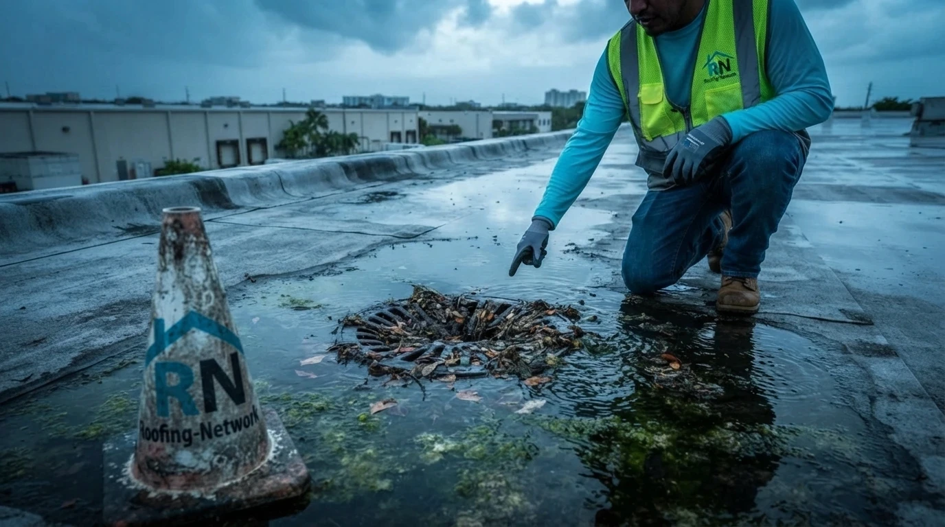 Blocked roof drain and standing water on a Davie Florida commercial flat roof