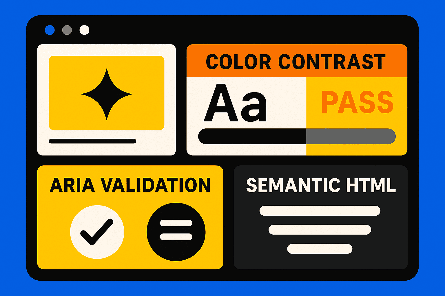 Accessibility testing tools evaluating contrast, ARIA labels, and HTML structure.