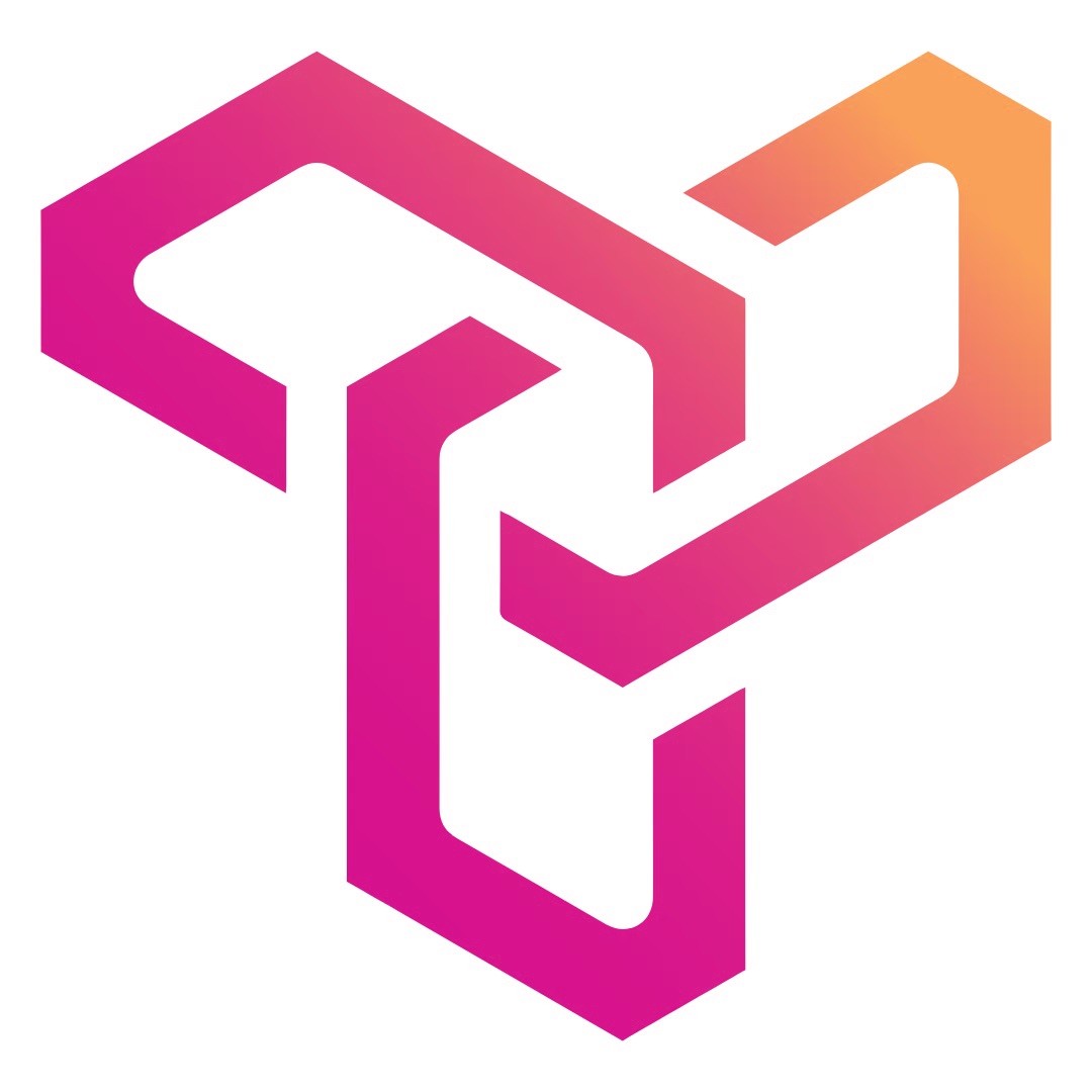 Abstract geometric logo featuring intertwined shapes in gradient shades of pink and orange.