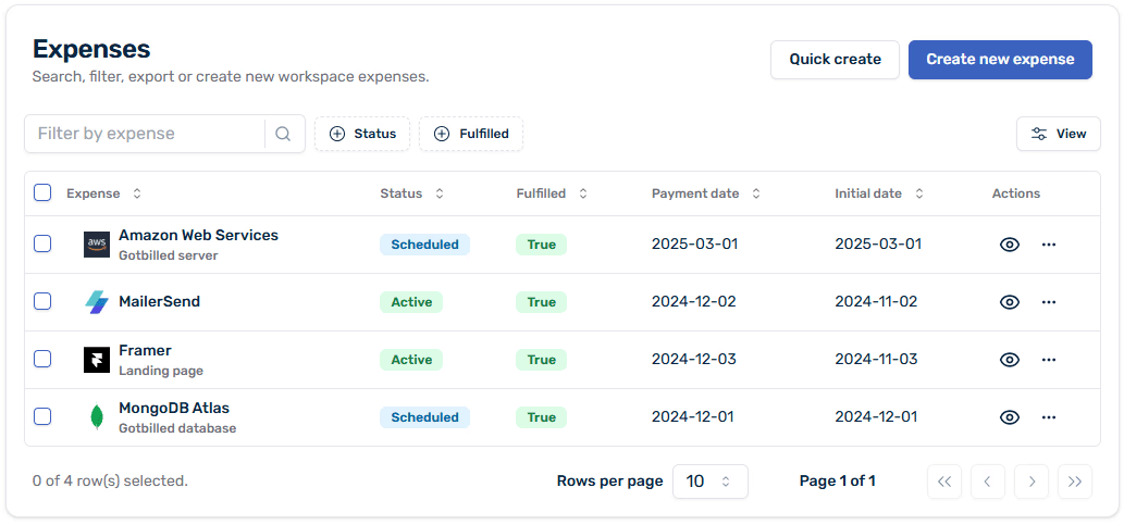 Gotbilled dashboard expenses section