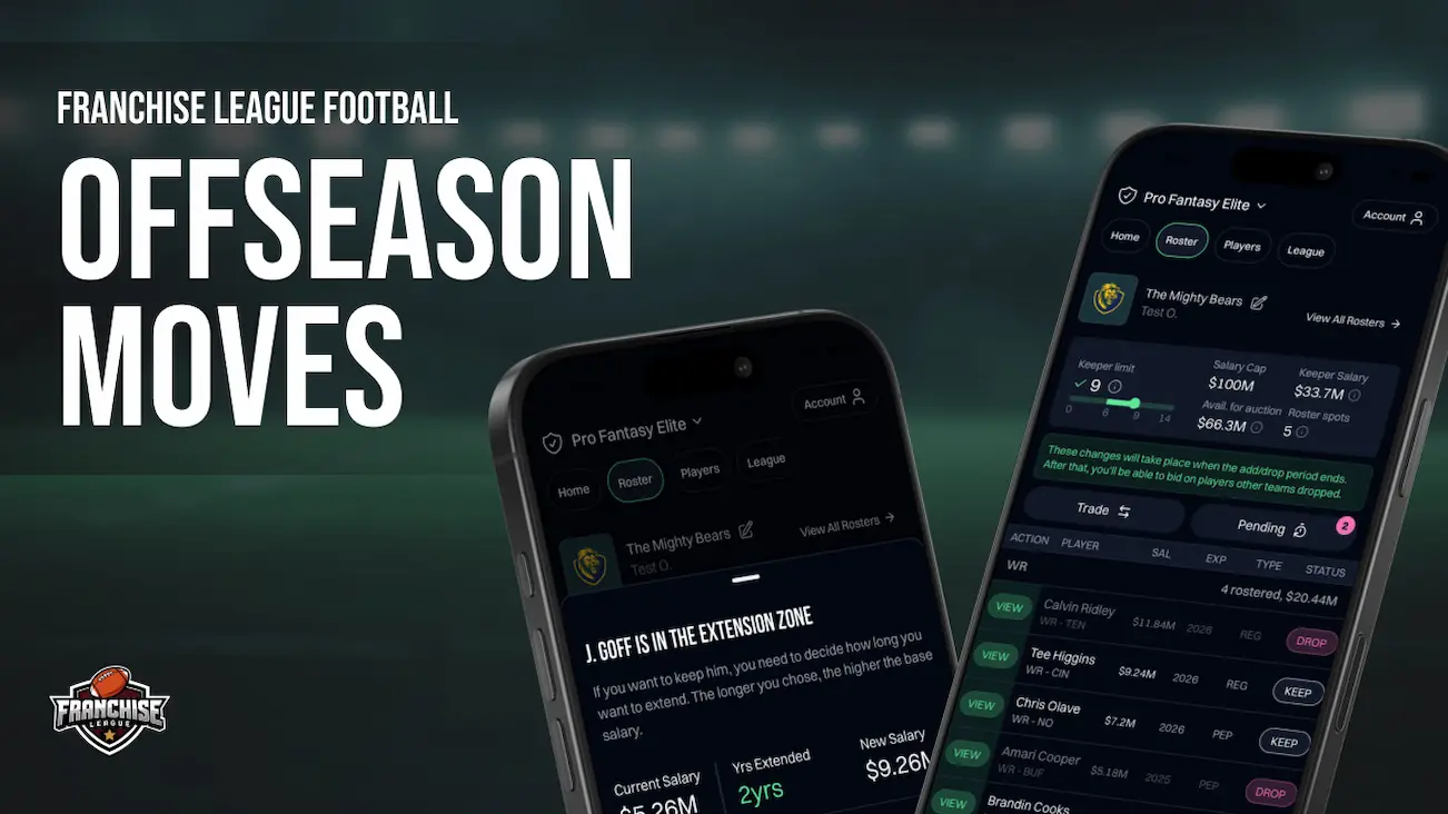 Franchise League Football offseason moves feature showing trade and free agency screens